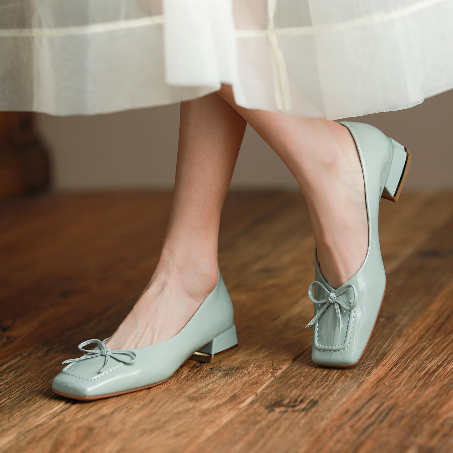 Nine Seven Glossy Patent Leather Women's Handmade Classic Square Toe Block Heel Slip On Loafer Pumps with Bowknot