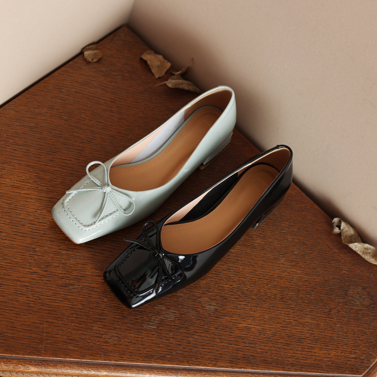 Nine Seven Glossy Patent Leather Women's Handmade Classic Square Toe Block Heel Slip On Loafer Pumps with Bowknot