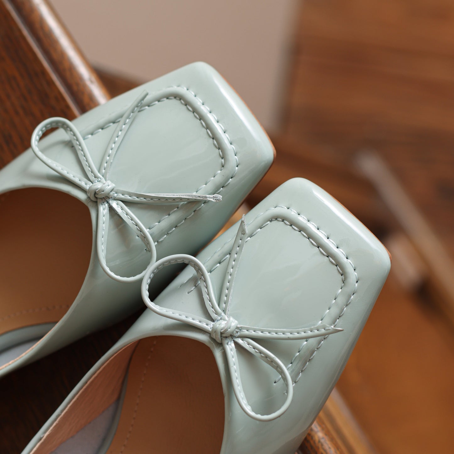 Nine Seven Glossy Patent Leather Women's Handmade Classic Square Toe Block Heel Slip On Loafer Pumps with Bowknot