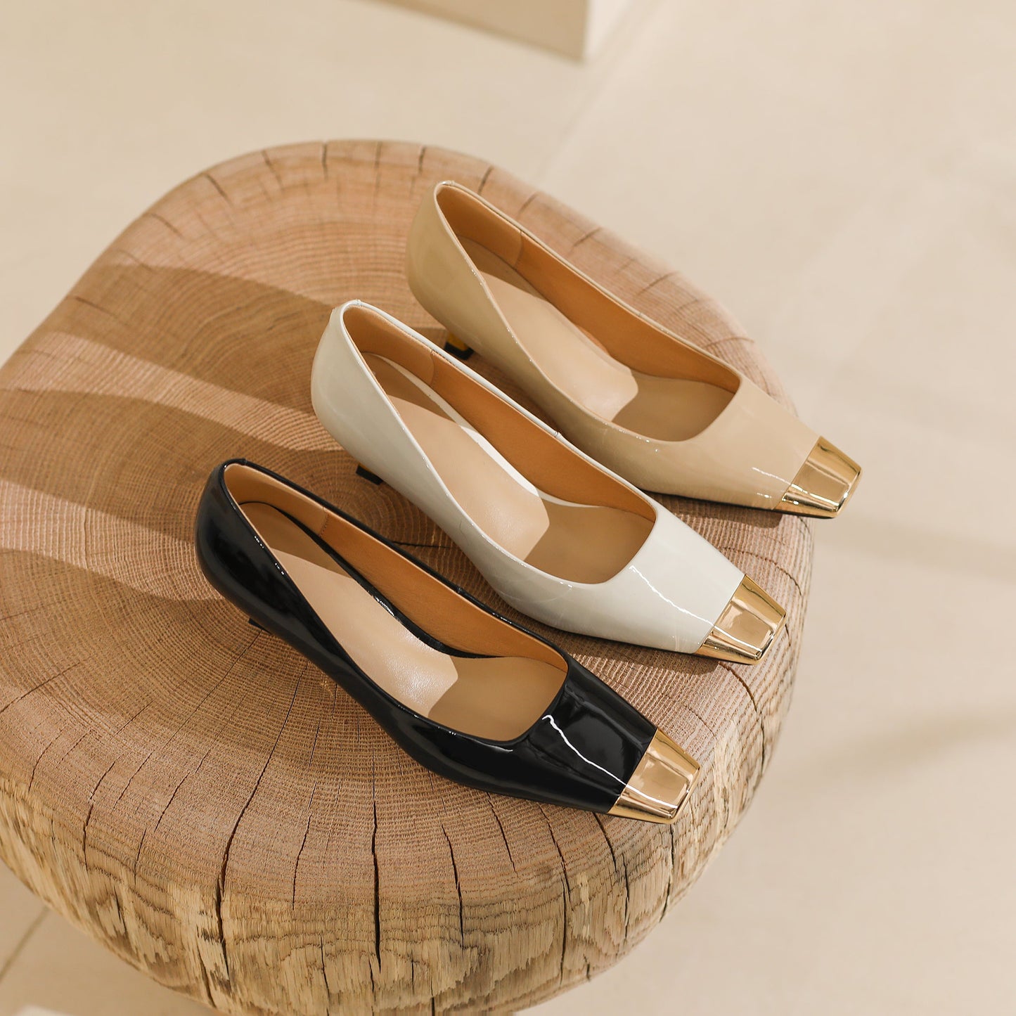 Nine Seven Handmade Cap Toe Women's Patent Leather Stiletto Mid Heel Stylish Pumps Shoes