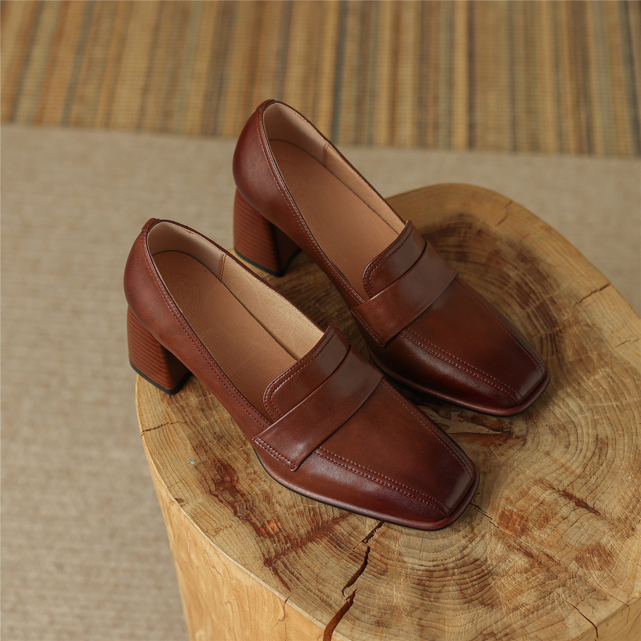 Nine Seven Women's Square Toe Handmade Genuine Leather Mid Chunky Heels Slip On Vintage Pumps Shoes