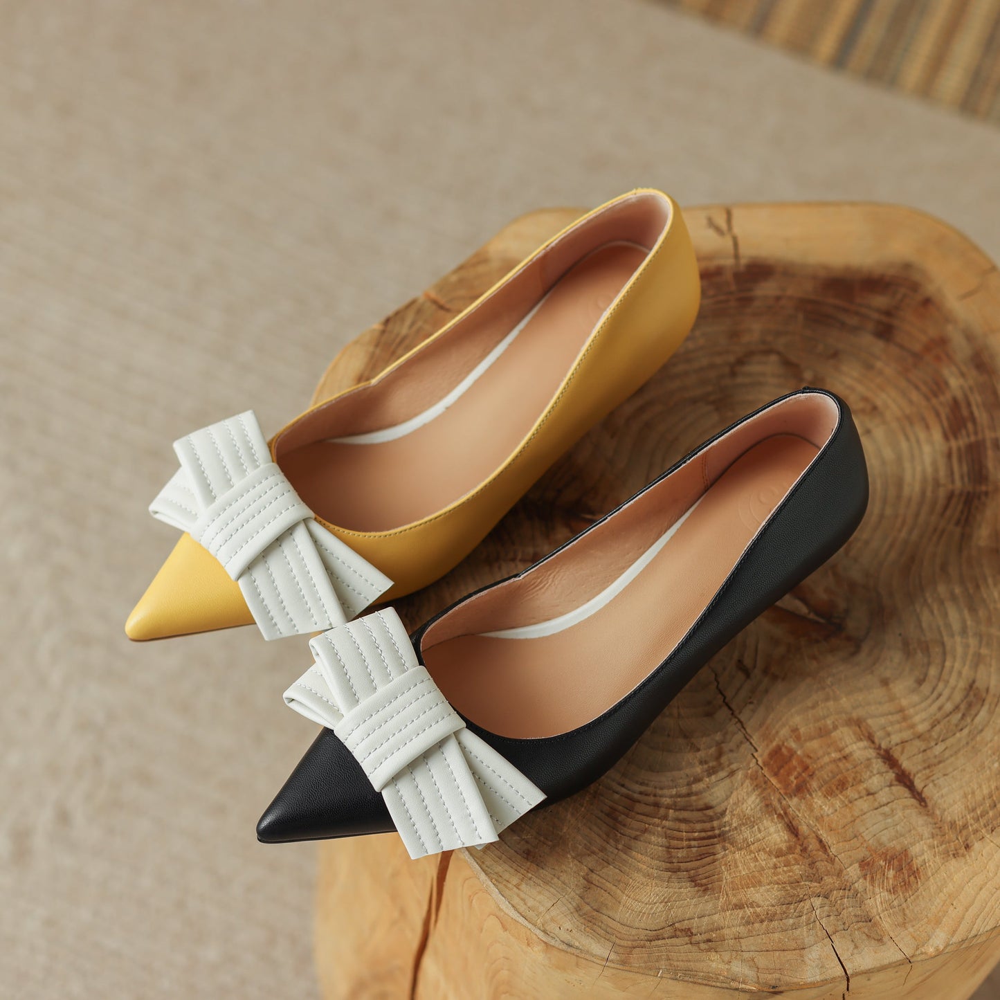 Nine Seven Women's Genuine Leather Pointed Toe Handmade Bowknot Slip On Low Heels Cute Pumps