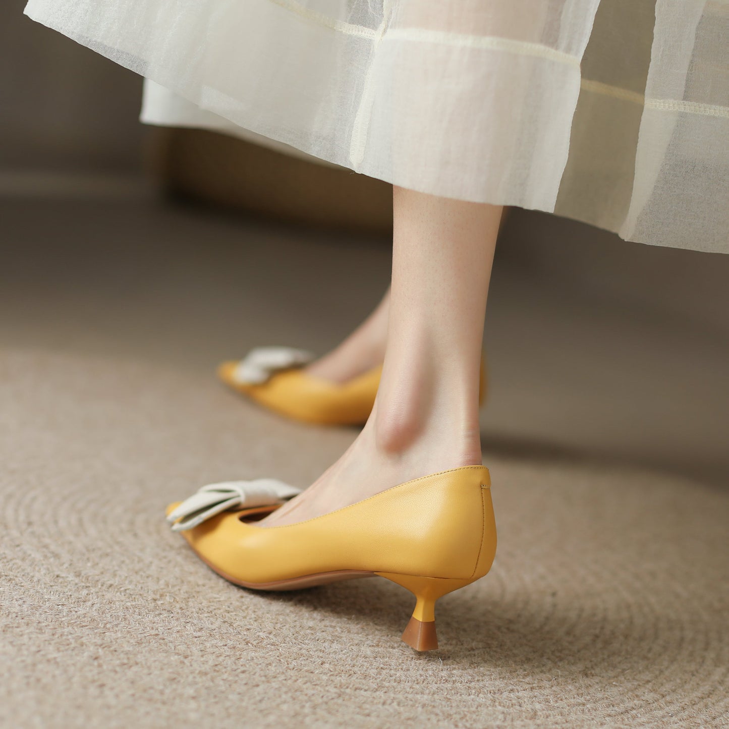 Nine Seven Women's Genuine Leather Pointed Toe Handmade Bowknot Slip On Low Heels Cute Pumps