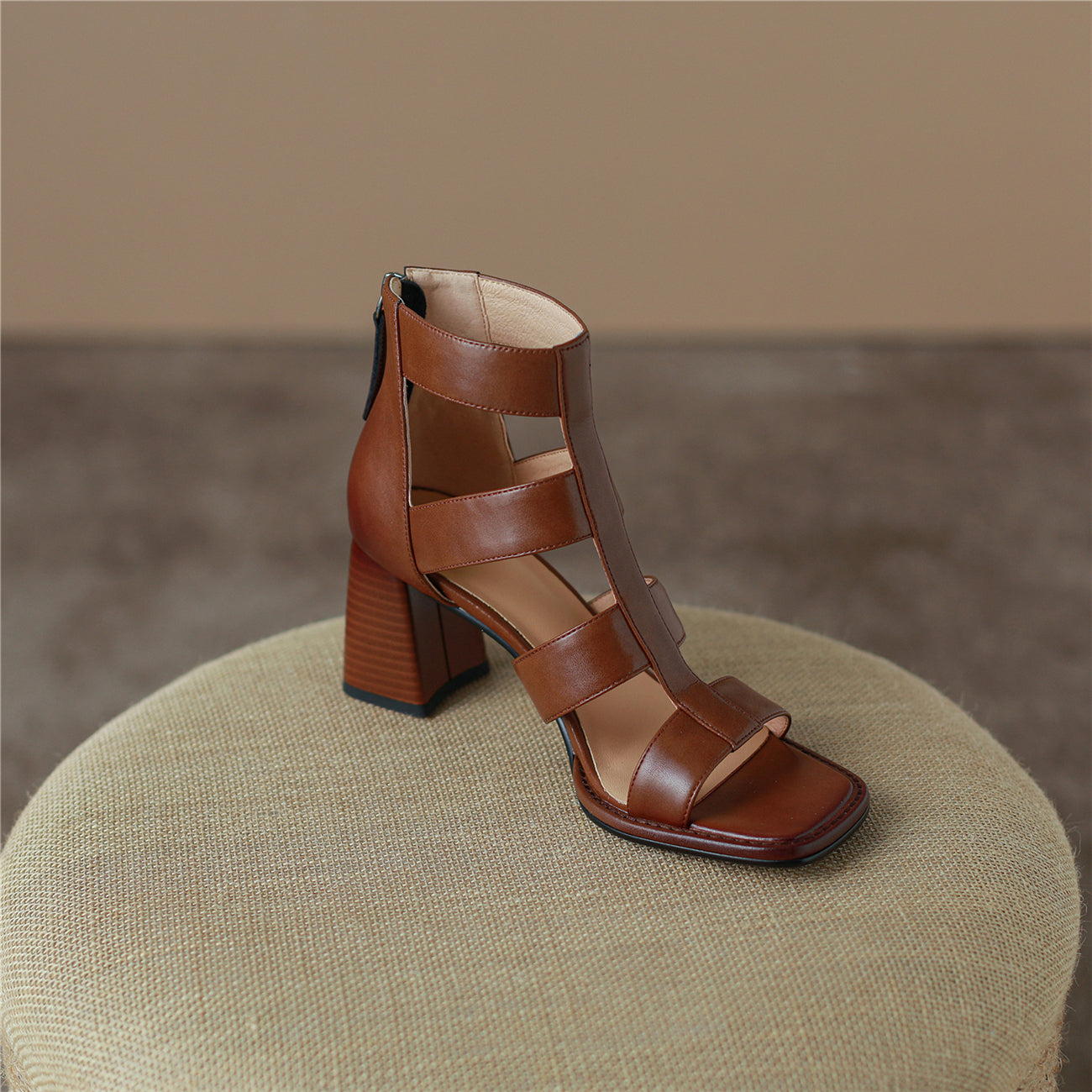 Nine Seven Women's Open Toe Handmade Genuine Leather Mid Chunky Heels Back Zip Vintage Sandals Summer Ankle Boots