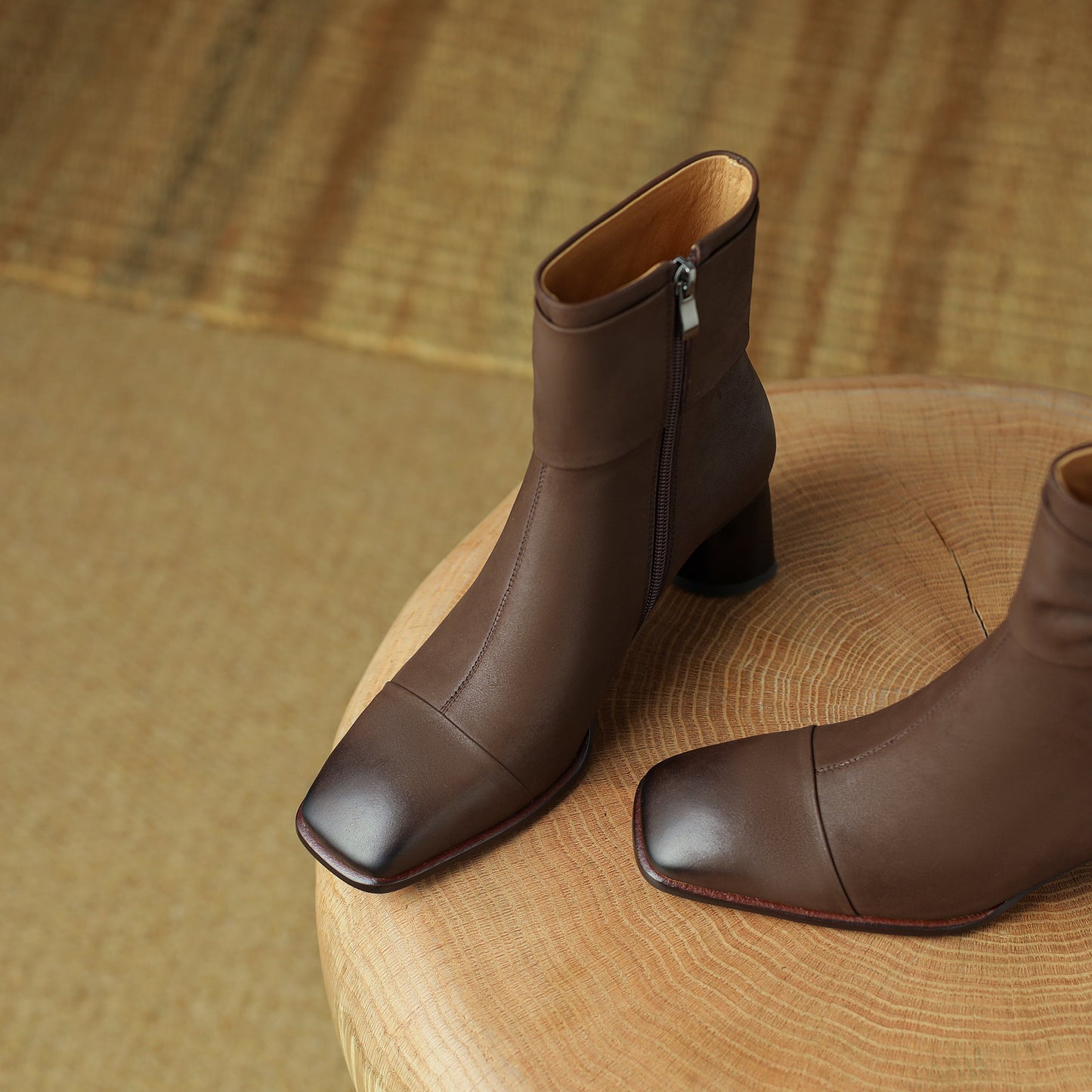 Nine Seven Handmade Women's Genuine Leather Bowknot Décor Side Zipper Square Toe Mid Chunky Heel Ankle Boots Shoes