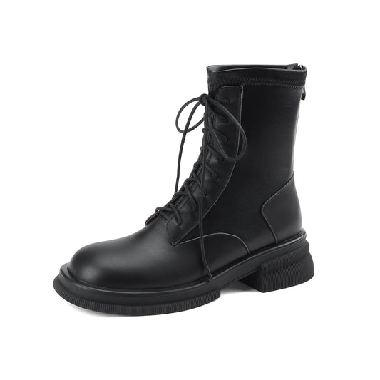 Nine Seven Women's Genuine Leather Round Toe Handmade Selftie Back Zip Up Chic Mid Calf Boots with Platform