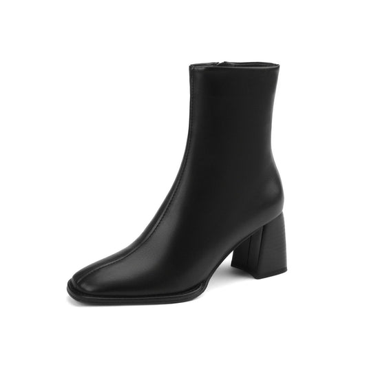 NIne Seven Women's Round Toe Genuine Leather Handmade Zipper Mid Chunky Heels Casual Mid-Calf Boots