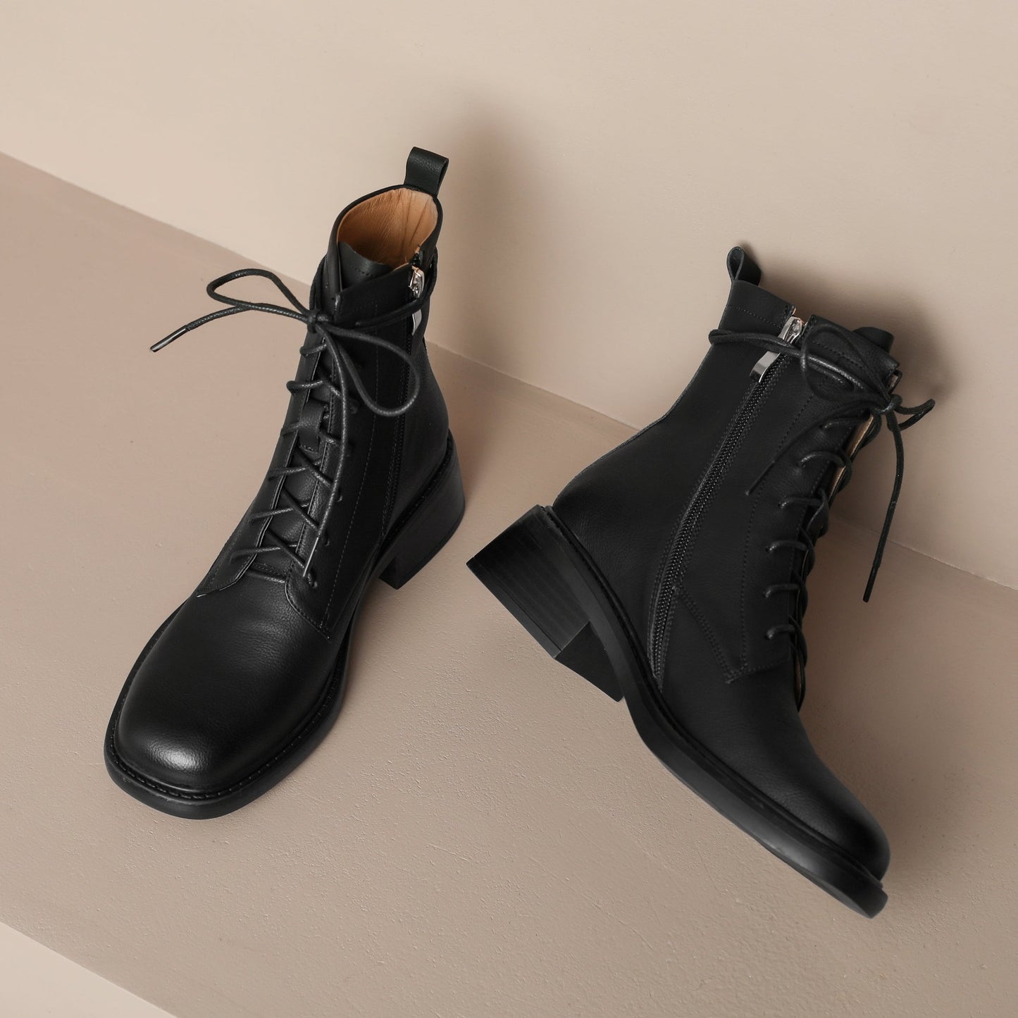 Nine Seven Handmade Women's Genuine Leather Front Lace Up Round Toe Low Chunky Heel Motorcycle Ankle Boots Shoes