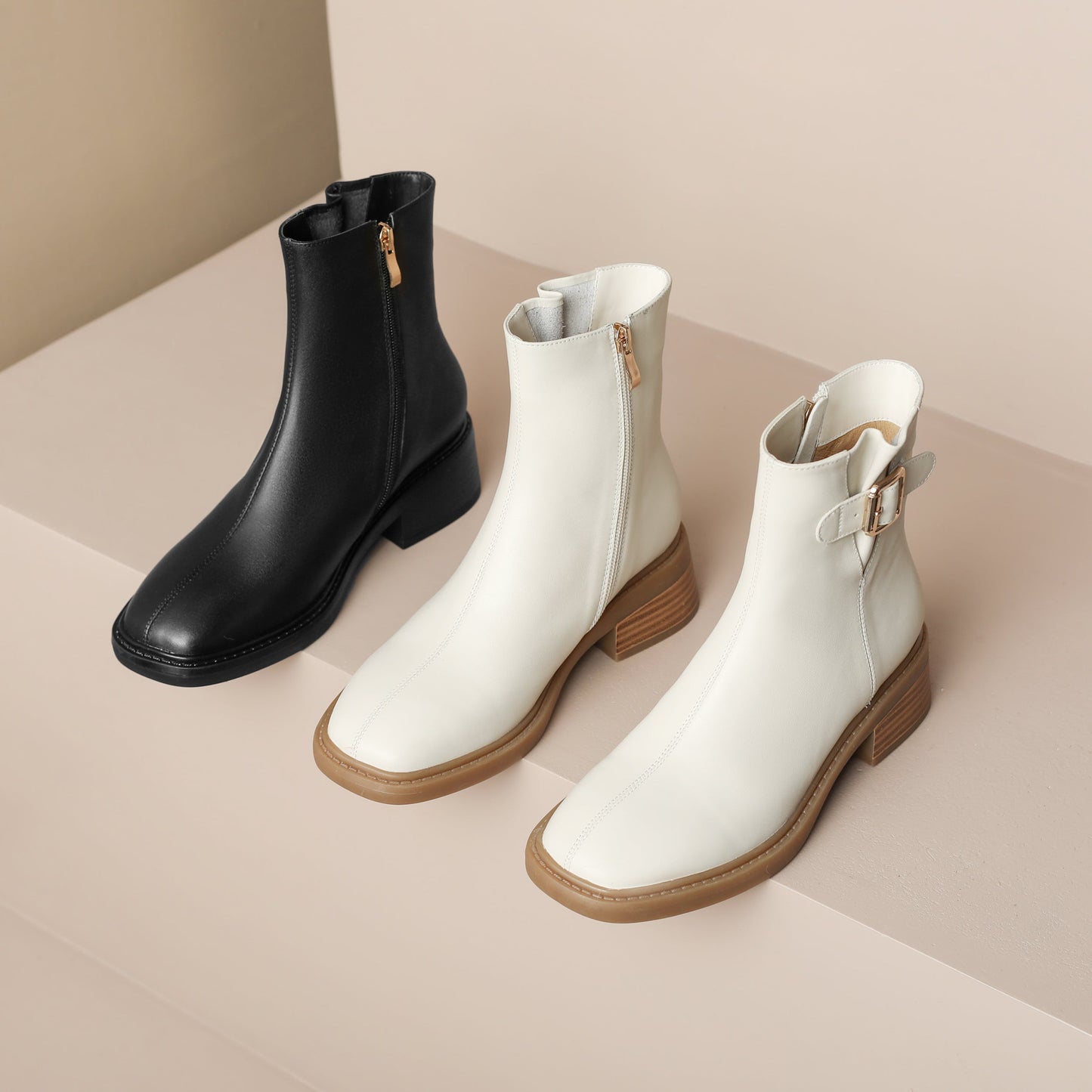 Nine Seven Handmade Women's Genuine Leather Ankle Buckle Design Square Toe Low Block Heel Side Zipper Ankle Boots Shoes