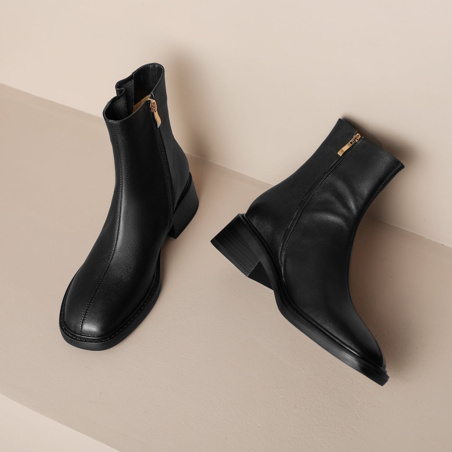 Nine Seven Handmade Women's Genuine Leather Ankle Buckle Design Square Toe Low Block Heel Side Zipper Ankle Boots Shoes