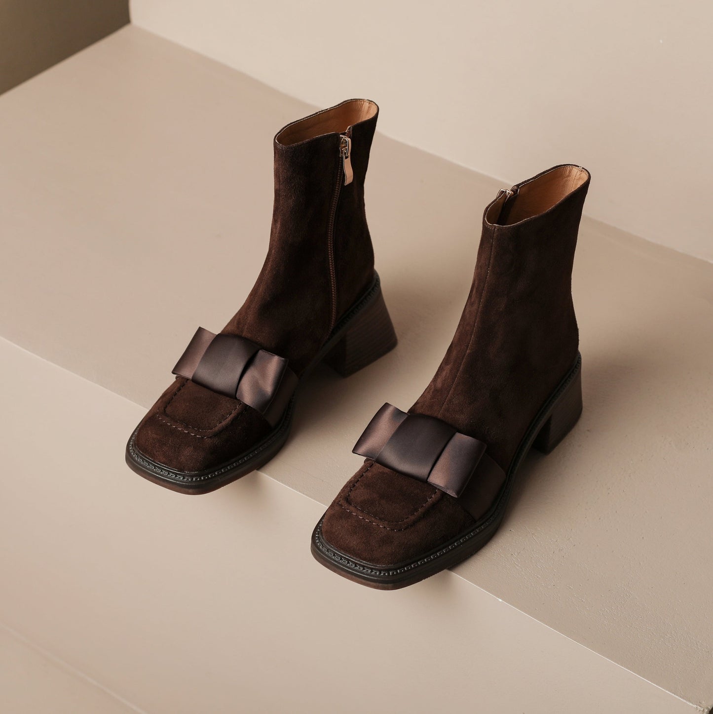 Nine Seven Handmade Women's Suede Leather Bow Décor Comfort Square Toe Side Zipper Mid Block Heel Ankle Boots Shoes