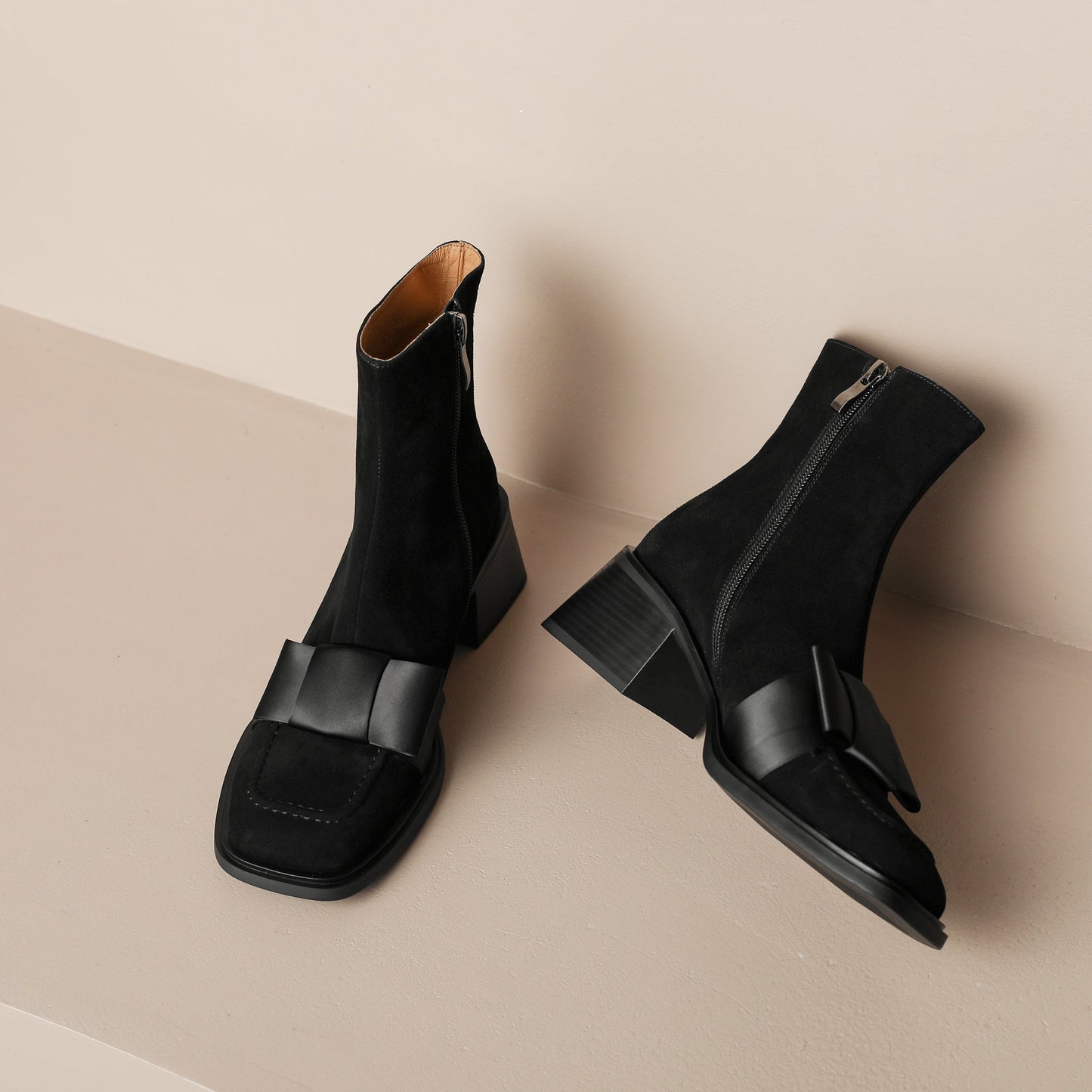 Nine Seven Handmade Women's Suede Leather Bow Décor Comfort Square Toe Side Zipper Mid Block Heel Ankle Boots Shoes