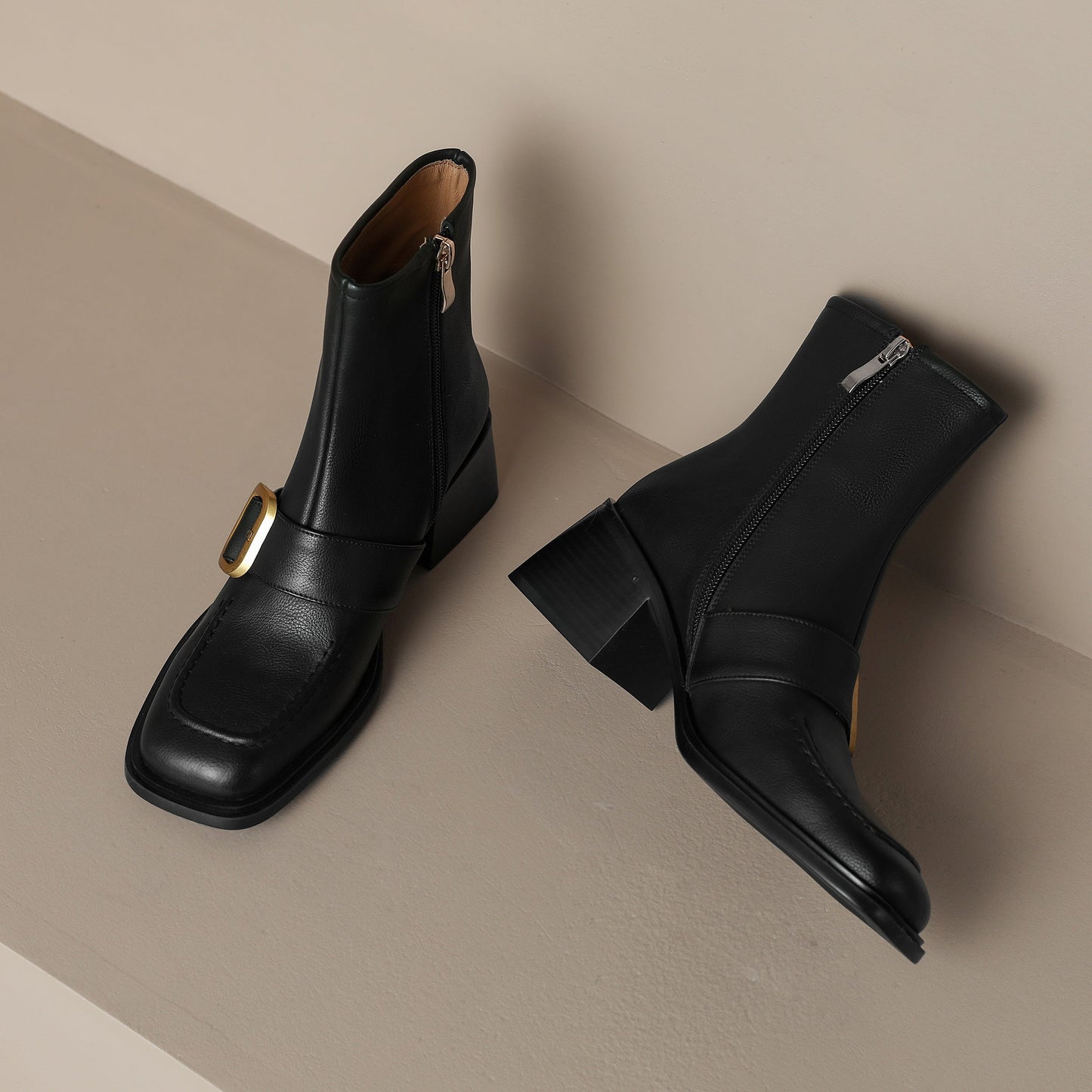 Nine Seven Handmade Women's Genuine Leather Décor Buckle Side Zipper Square Toe Mid Chunky Heel Ankle Boots