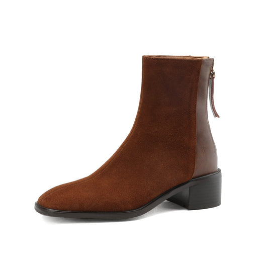 Nine Seven Women's Square Toe Suede&Genuine Leather Hnadmade Back Zipper Low Chunky Heels Casual Mid Calf Boots