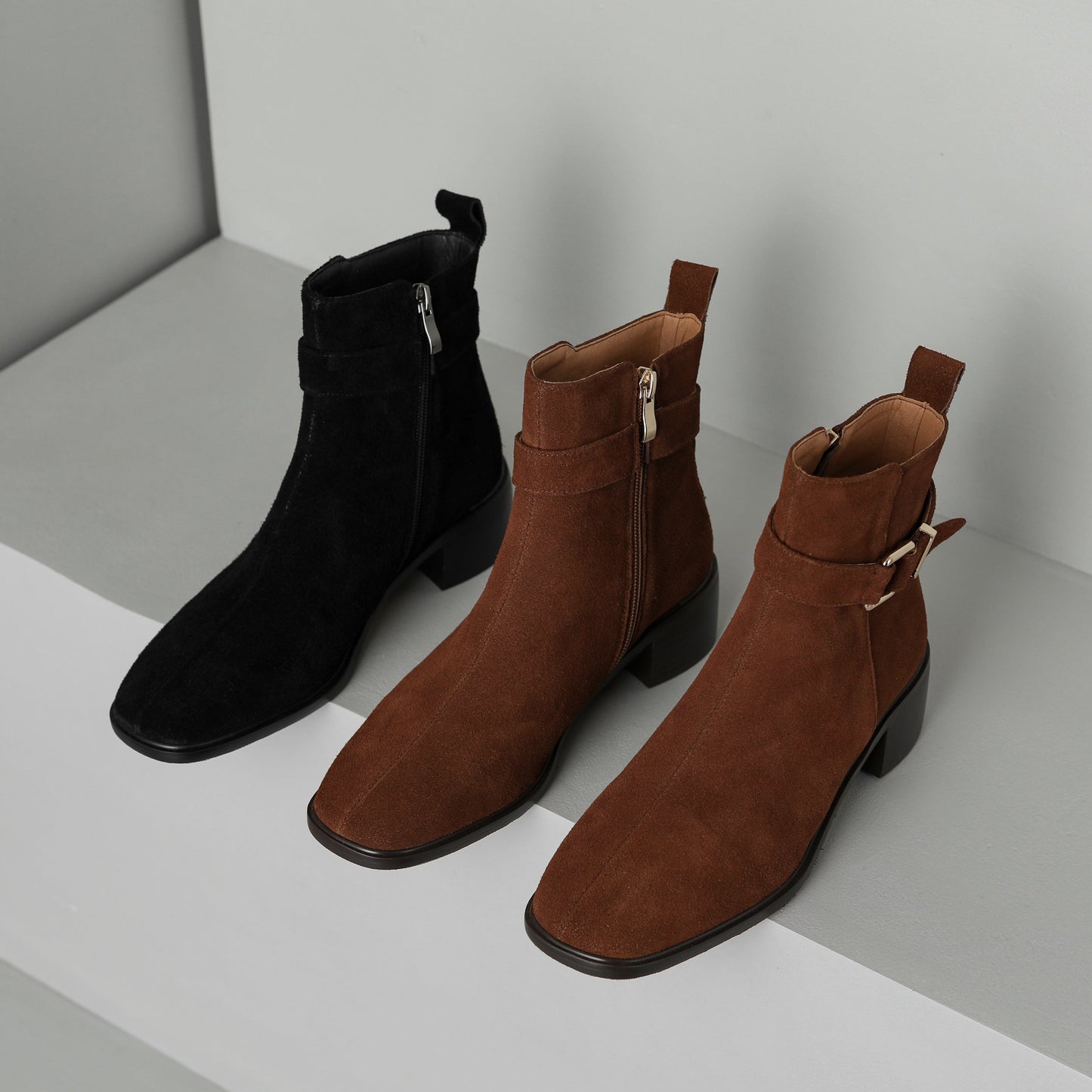 Nine Seven Women's Square Toe Suede Leather Handmade Buckle Side Zip Up Ankle Boots with Chunky Heels