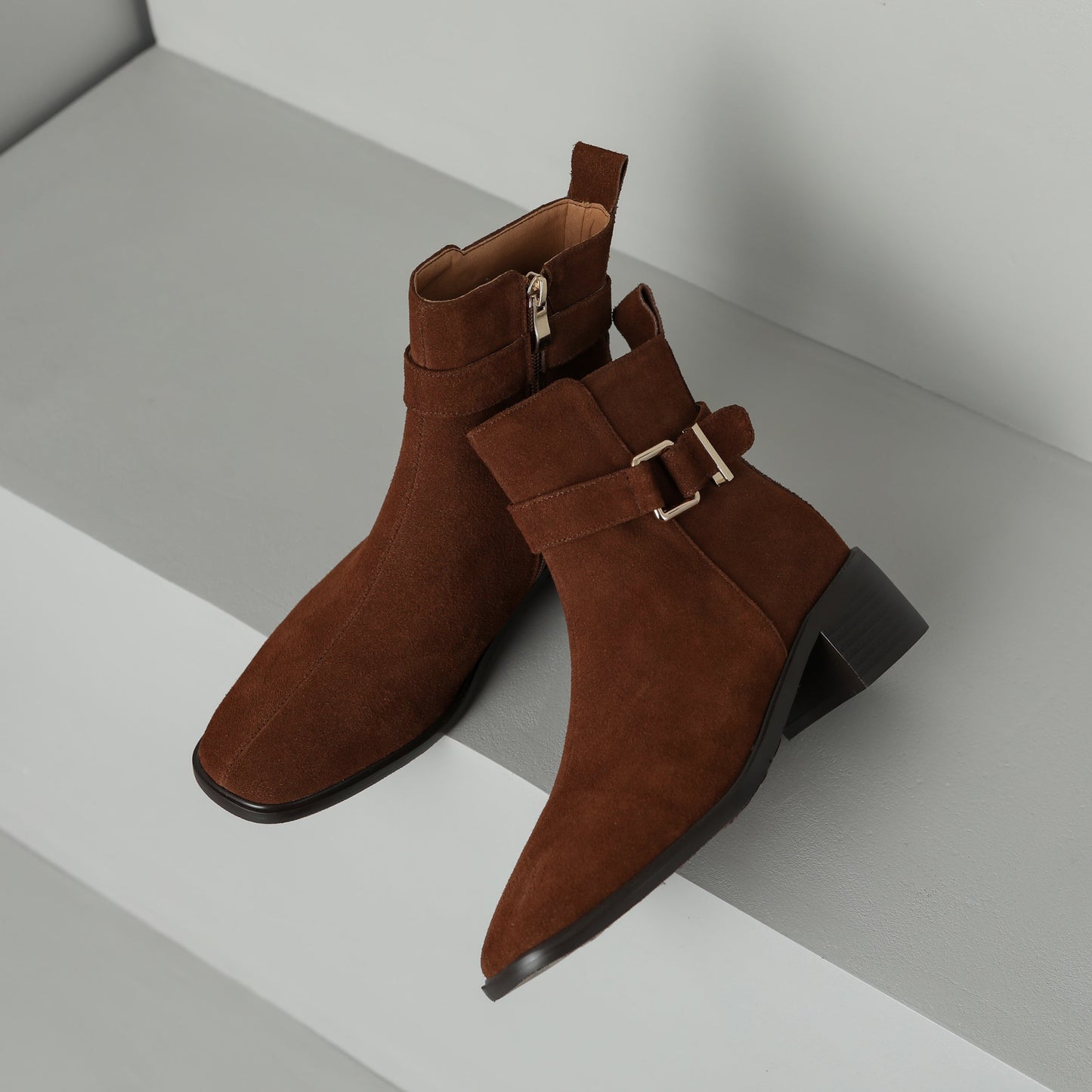 Nine Seven Women's Square Toe Suede Leather Handmade Buckle Side Zip Up Ankle Boots with Chunky Heels