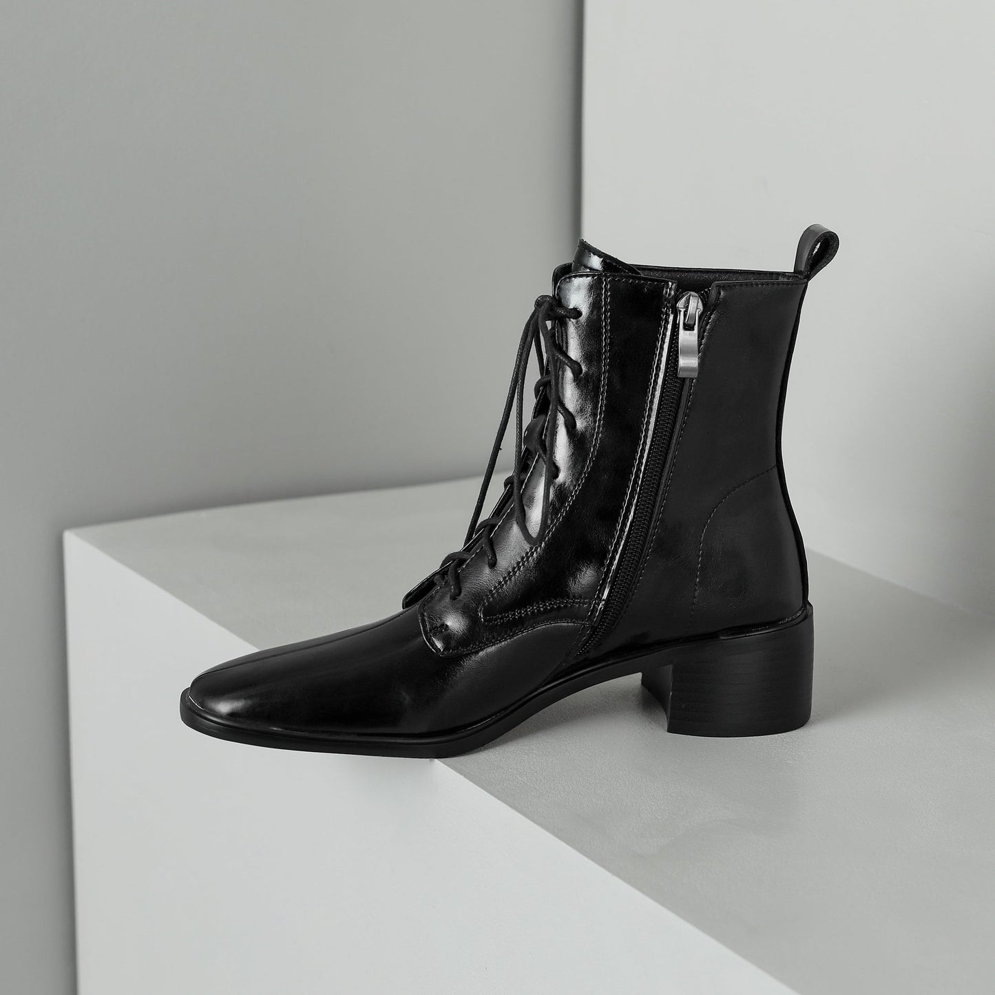 Nine Seven Women's Genuine Leather Square Toe Handmade Lace Up with Zipper Low Chunky Heels Cool Ankle Boots