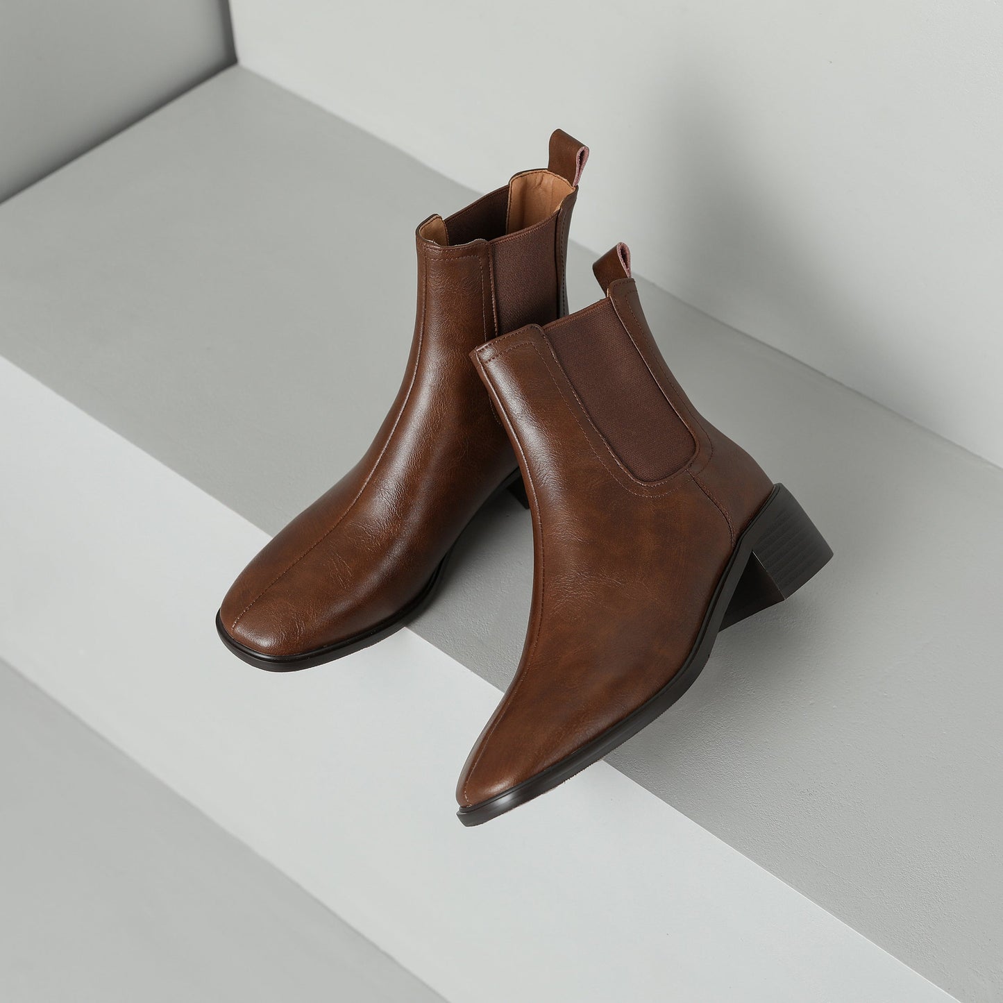 Nine Seven Women's Square Toe Genuine Leather Handmade Chunky Heels Slip On Trendy Ankle Boots