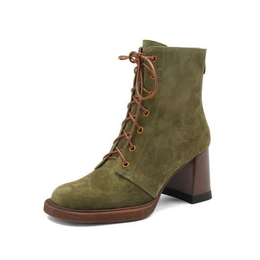 Nine Seven Handmade Women's Suede Leather Front Lace Up Round Toe Mid Chunky Heel Charming Ankle Boots