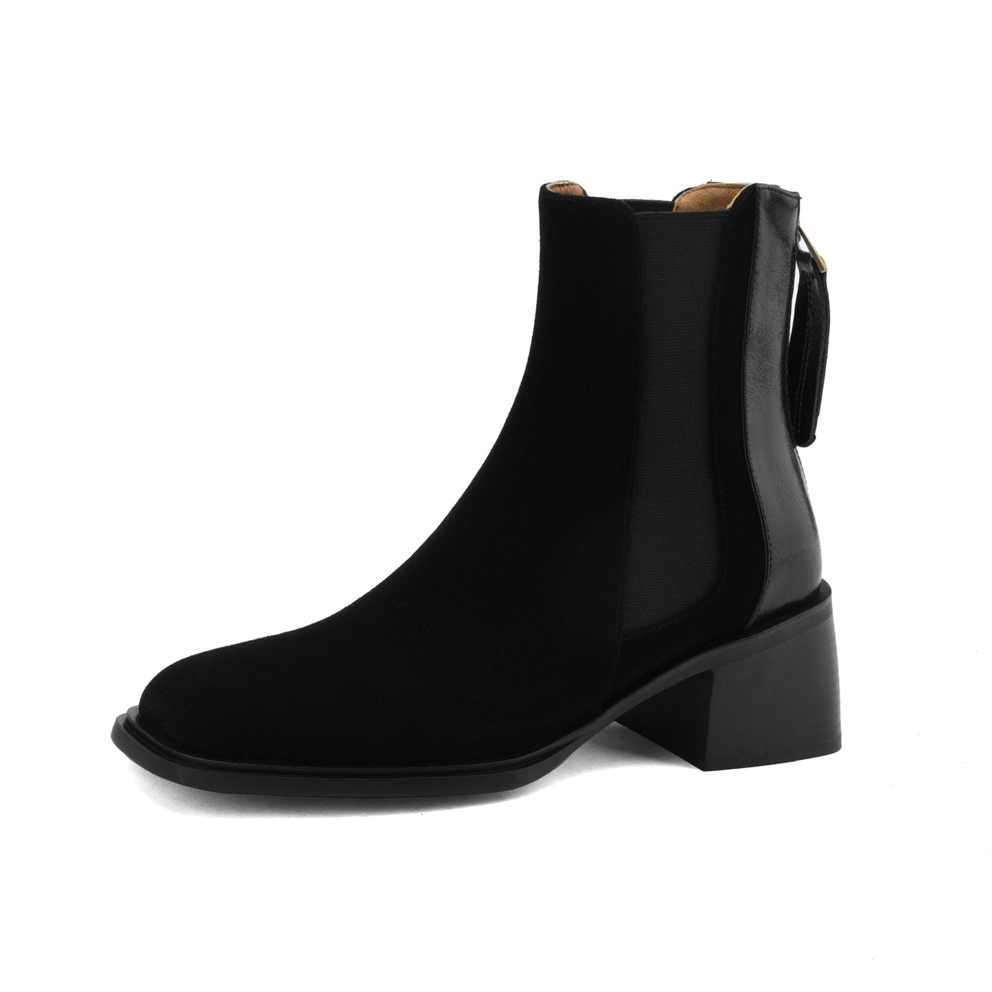 Nine Seven Handmade Women's Suede Leather Patchwork Stretch Back Zipper Square Toe Mid Chunky Heel Ankle Boots