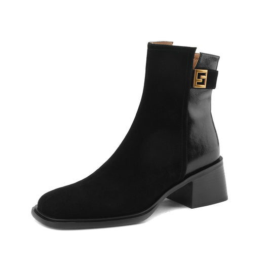 Nine Seven Women's Genuine Leather Round Toe Handmade Buckle Chunky Heels Side Zip Up Chic Ankle Boots