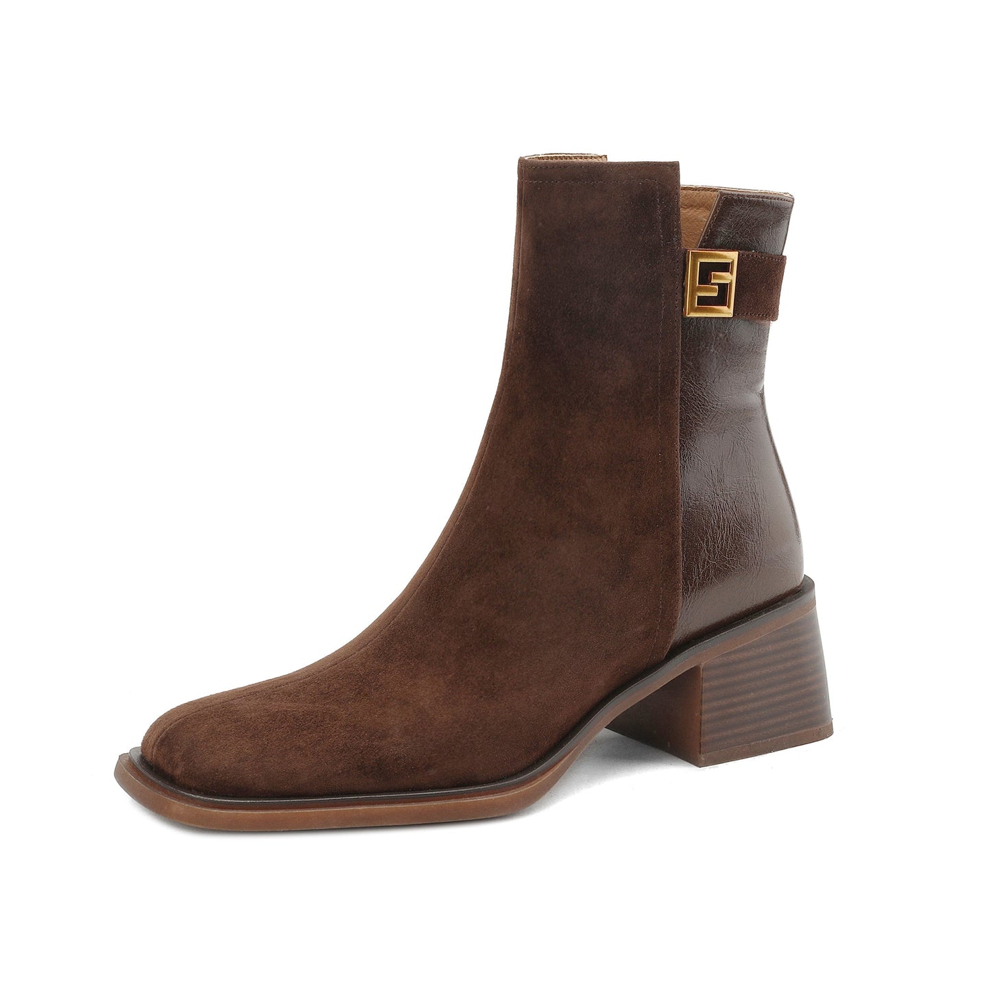 Nine Seven Women's Genuine Leather Round Toe Handmade Buckle Chunky Heels Side Zip Up Chic Ankle Boots