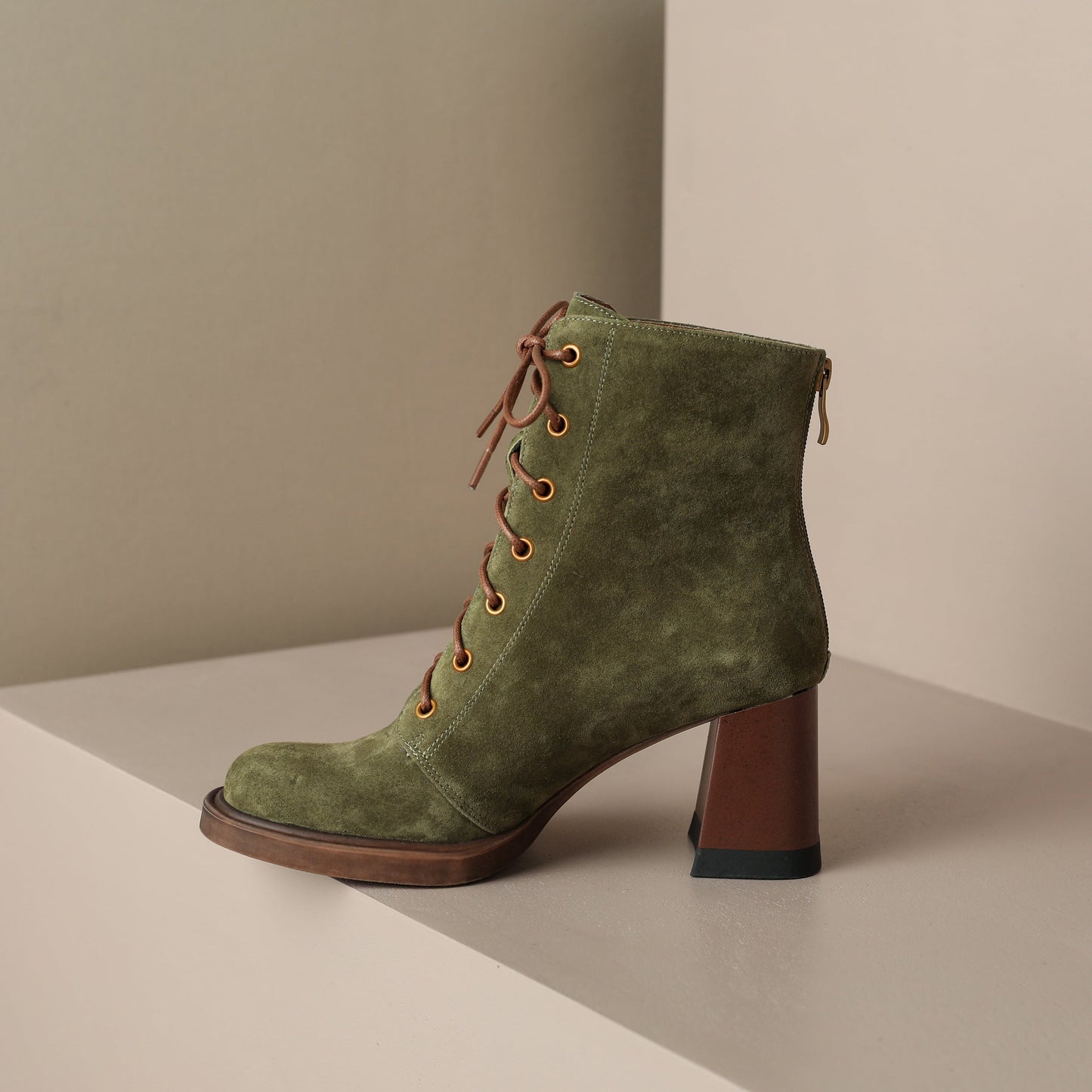 Nine Seven Handmade Women's Suede Leather Front Lace Up Round Toe Mid Chunky Heel Charming Ankle Boots