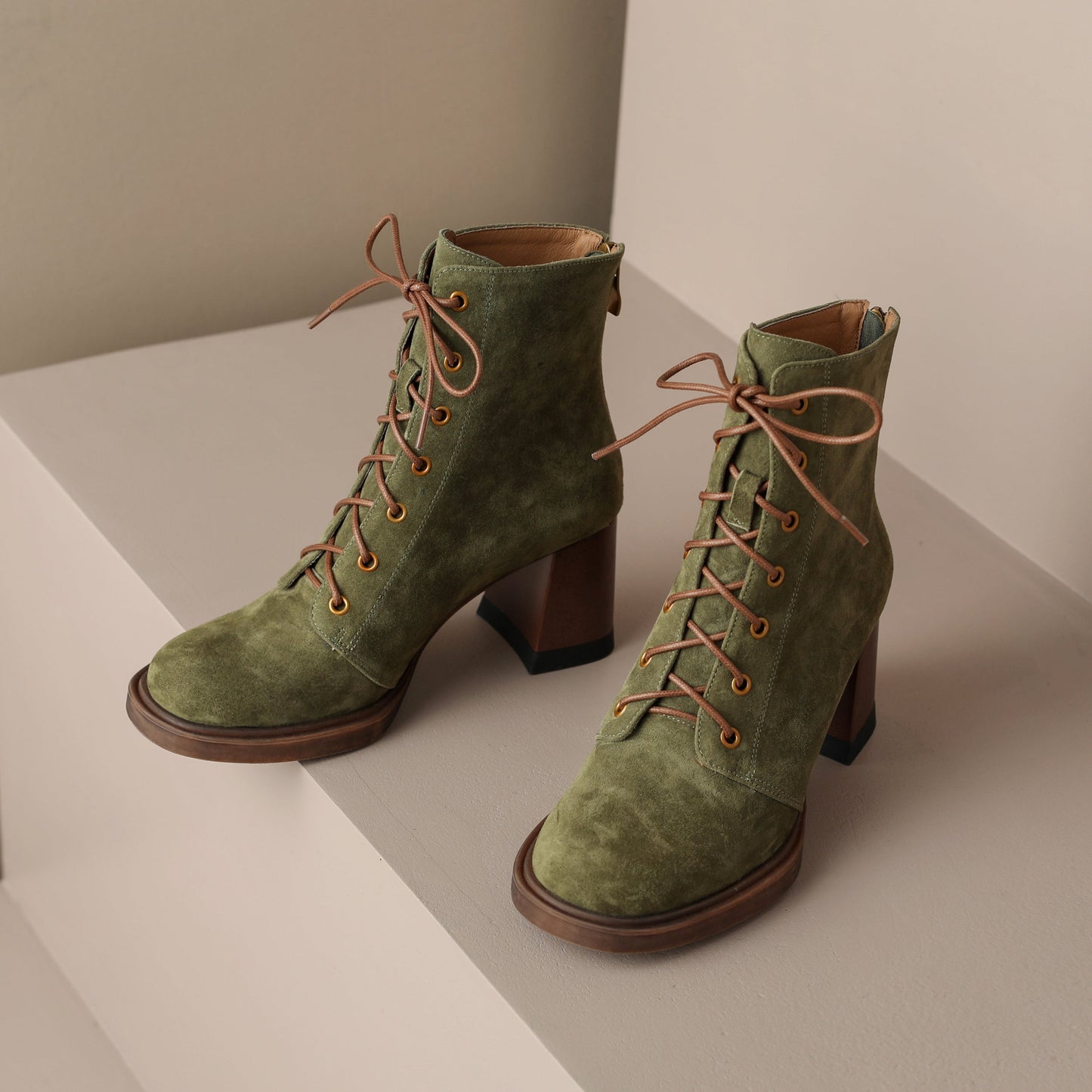 Nine Seven Handmade Women's Suede Leather Front Lace Up Round Toe Mid Chunky Heel Charming Ankle Boots