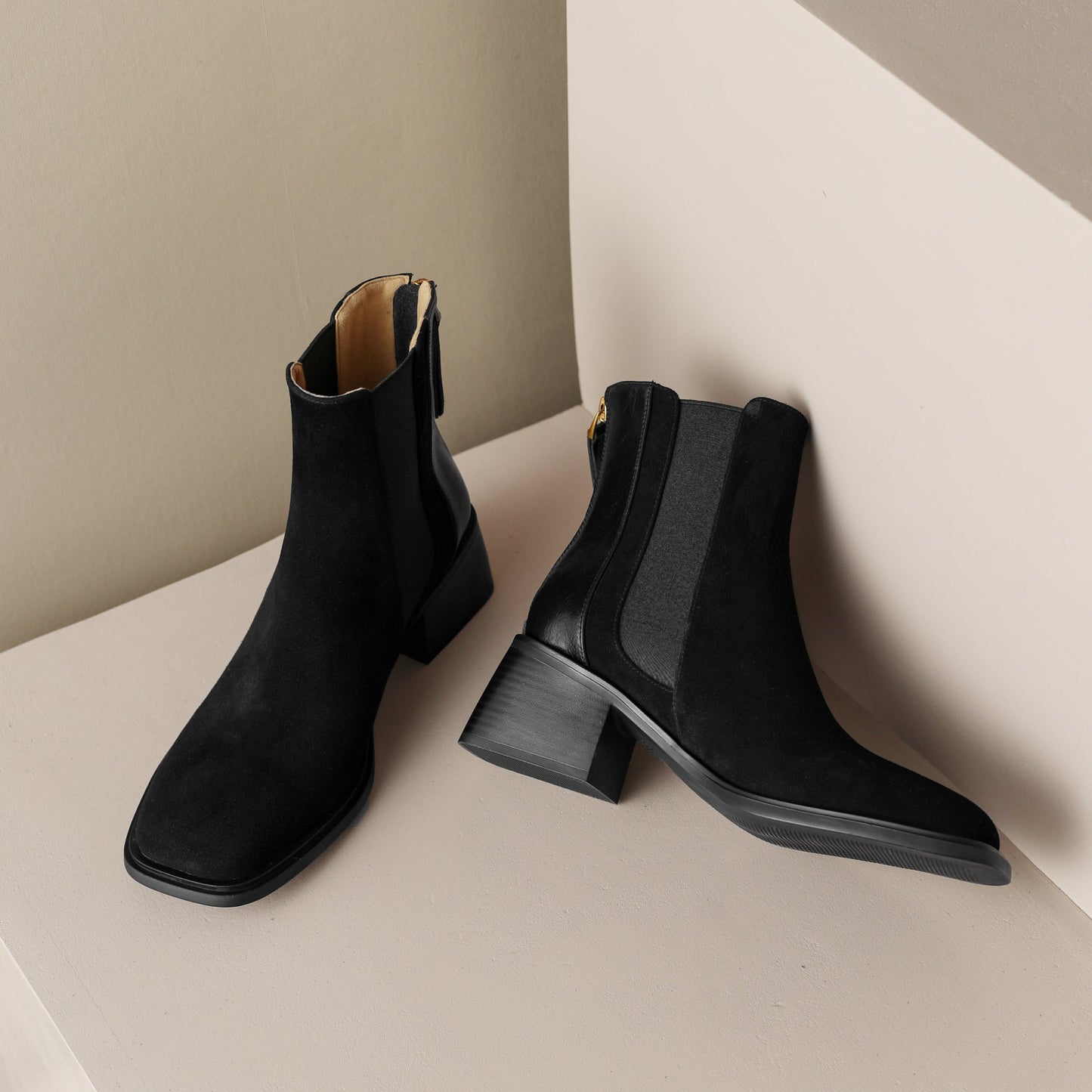 Nine Seven Handmade Women's Suede Leather Patchwork Stretch Back Zipper Square Toe Mid Chunky Heel Ankle Boots