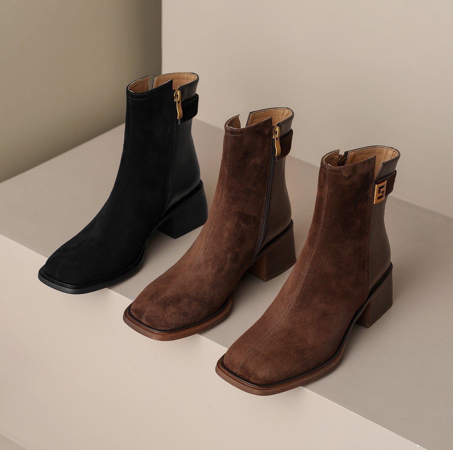 Nine Seven Women's Genuine Leather Round Toe Handmade Buckle Chunky Heels Side Zip Up Chic Ankle Boots