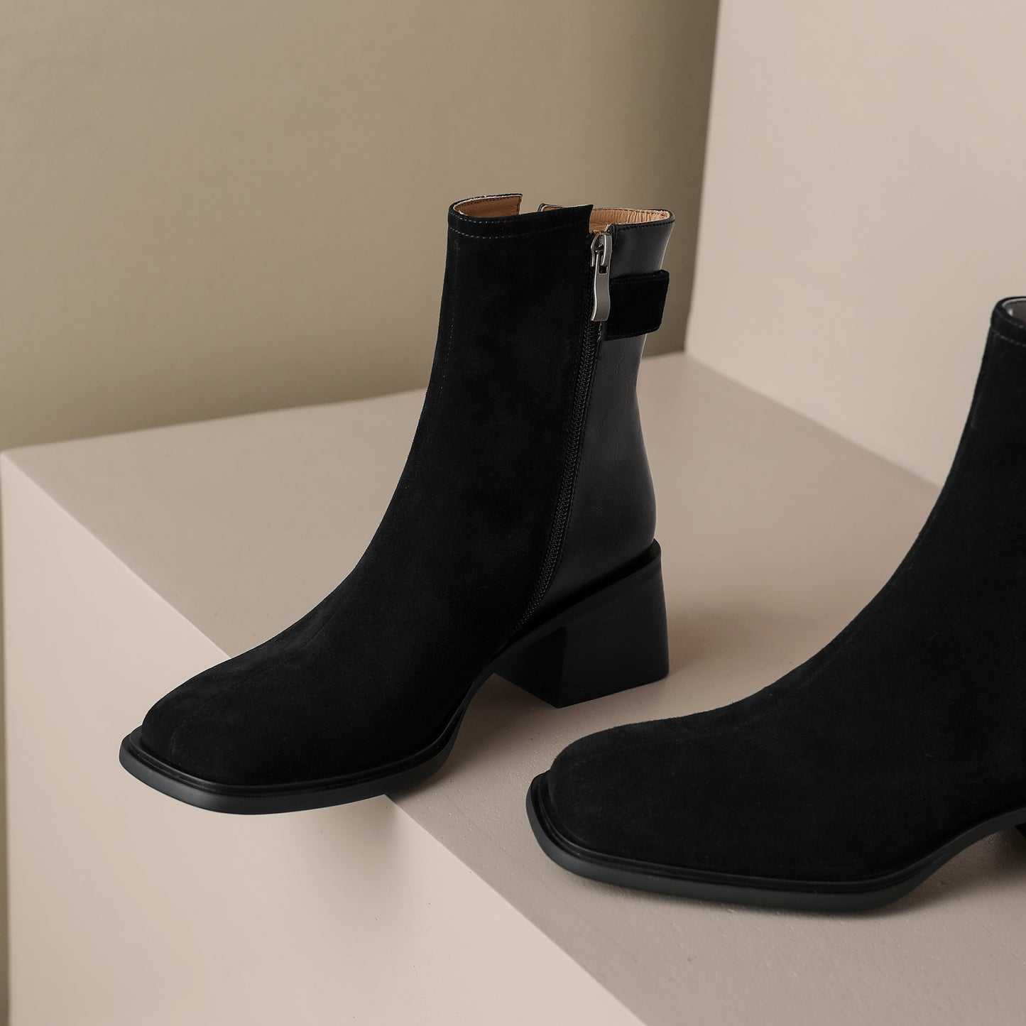 Nine Seven Women's Genuine Leather Round Toe Handmade Buckle Chunky Heels Side Zip Up Chic Ankle Boots