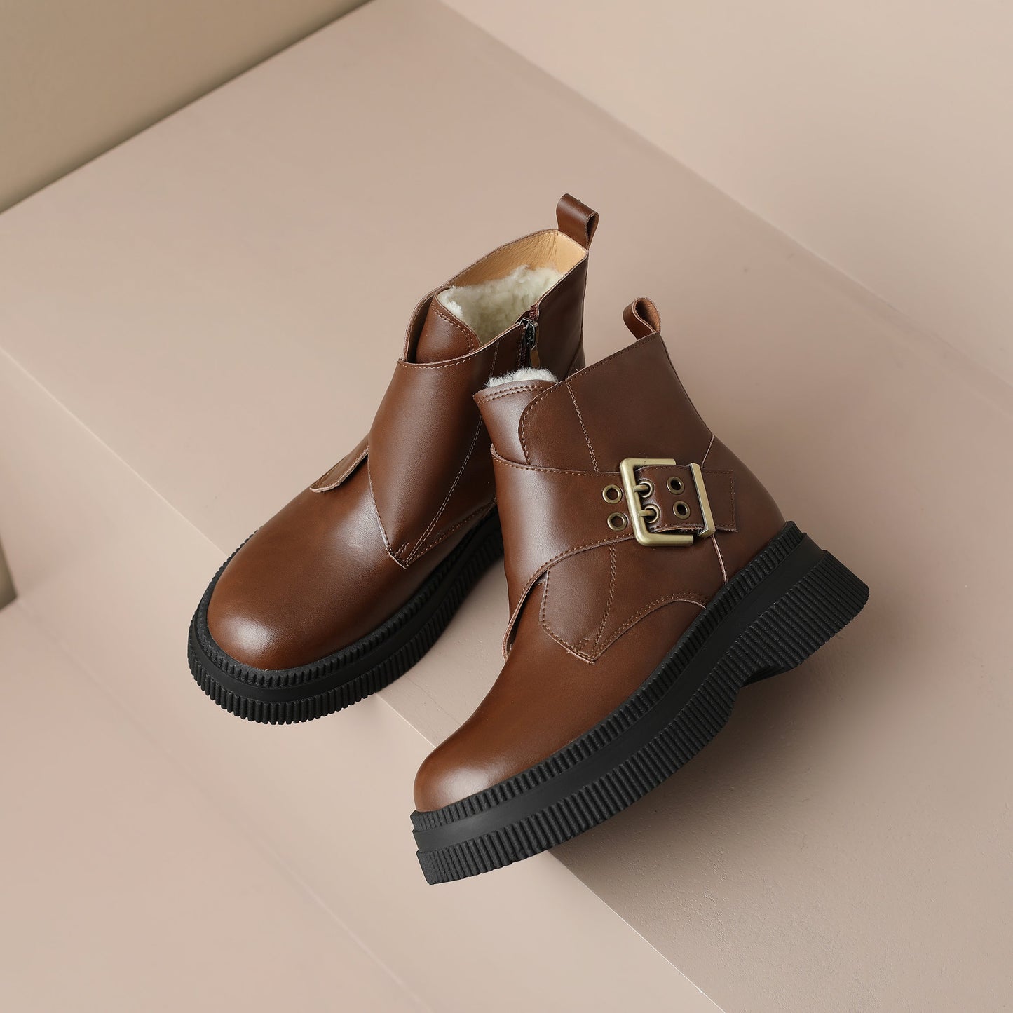 Nine Seven Handmade Women's Genuine Leather Side Zip Buckle Round Toe Low Block Heel Platform Boots