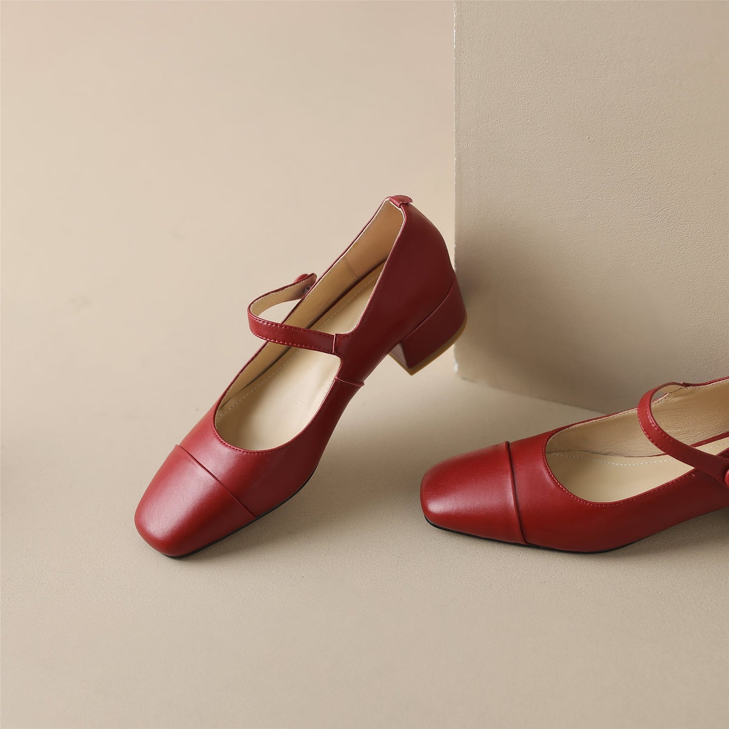 Nine Seven Handmade Women's Genuine Leather Square Toe Block Heel Stretch Band Mary Jane Pumps