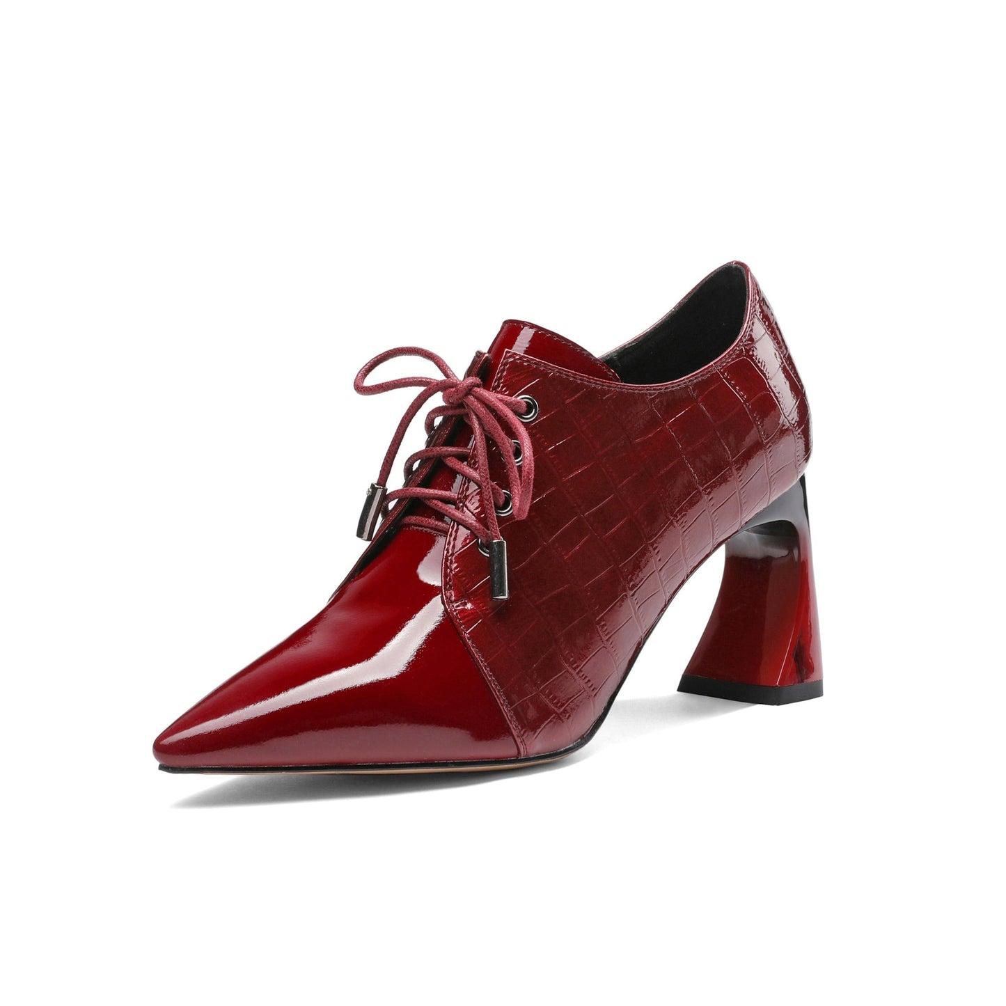 Nine Seven Patent Leather Women's Handmade Pointed Lace Up Toe High Spool Heel Side Zip Retro Pumps