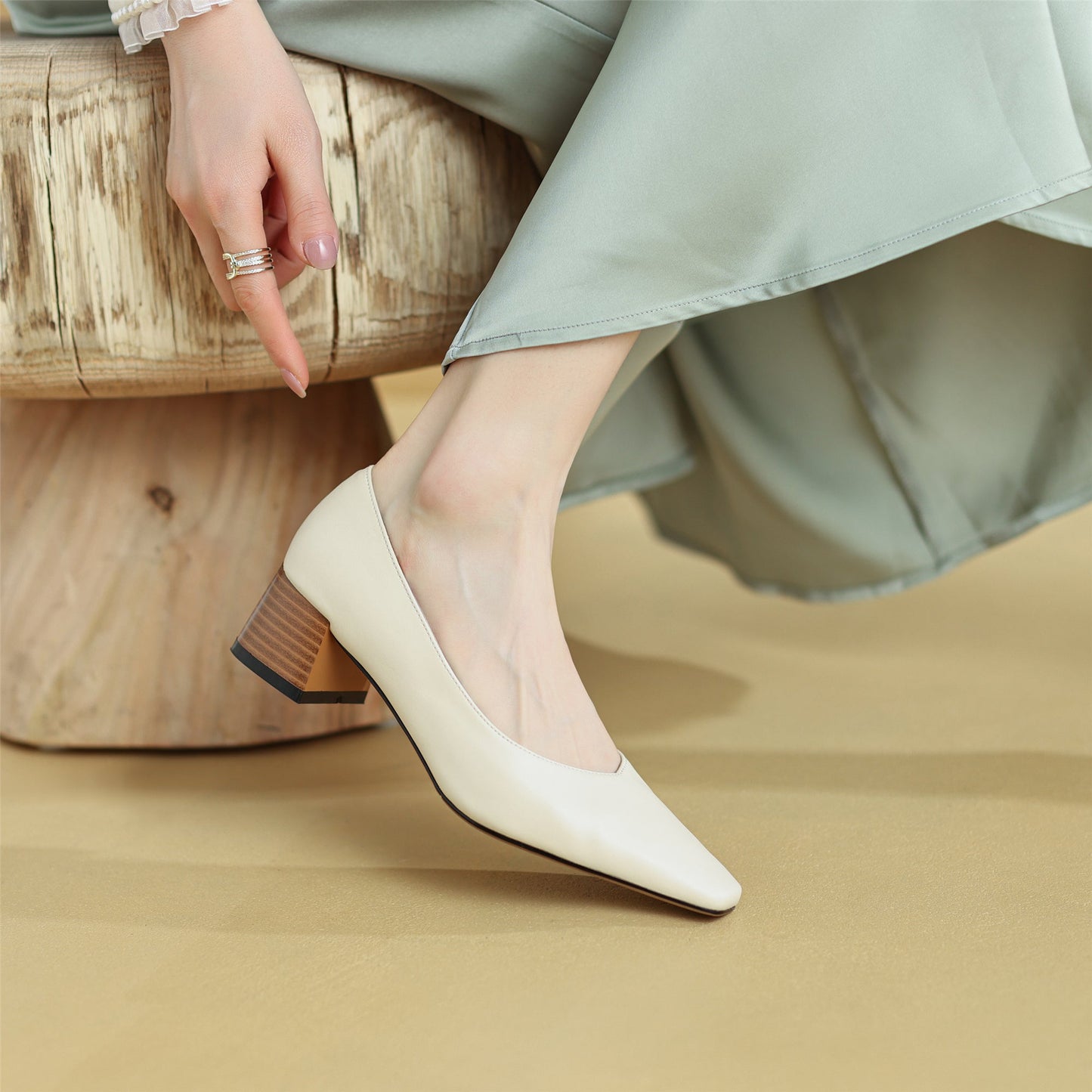 Nine Seven Women's Square Toe Genuine Leather Handamde Low Chunky Heel Casual Loafers