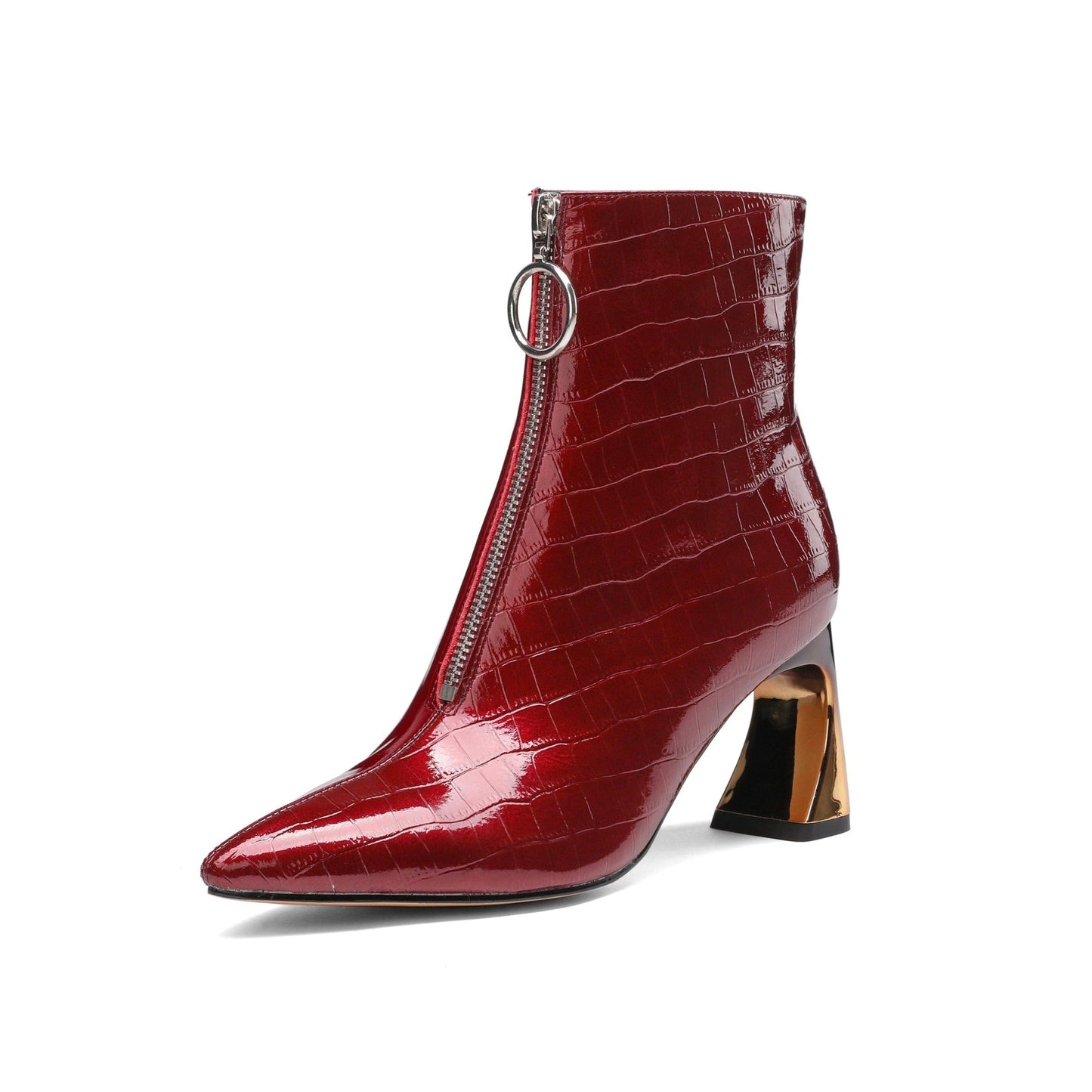 Nine Seven Women's Genuine Leather Pointed Toe Handmade Front Zip Strange Mid Heel Stylish Bootie