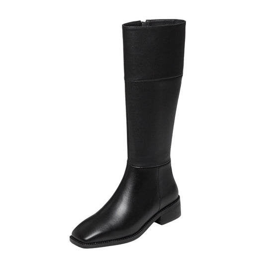 Nine Seven Handmade Women's Genuine Leather Comfortable Chunky Heel Side Zip Up Classic Square Toe Stylish Knee-High Boots