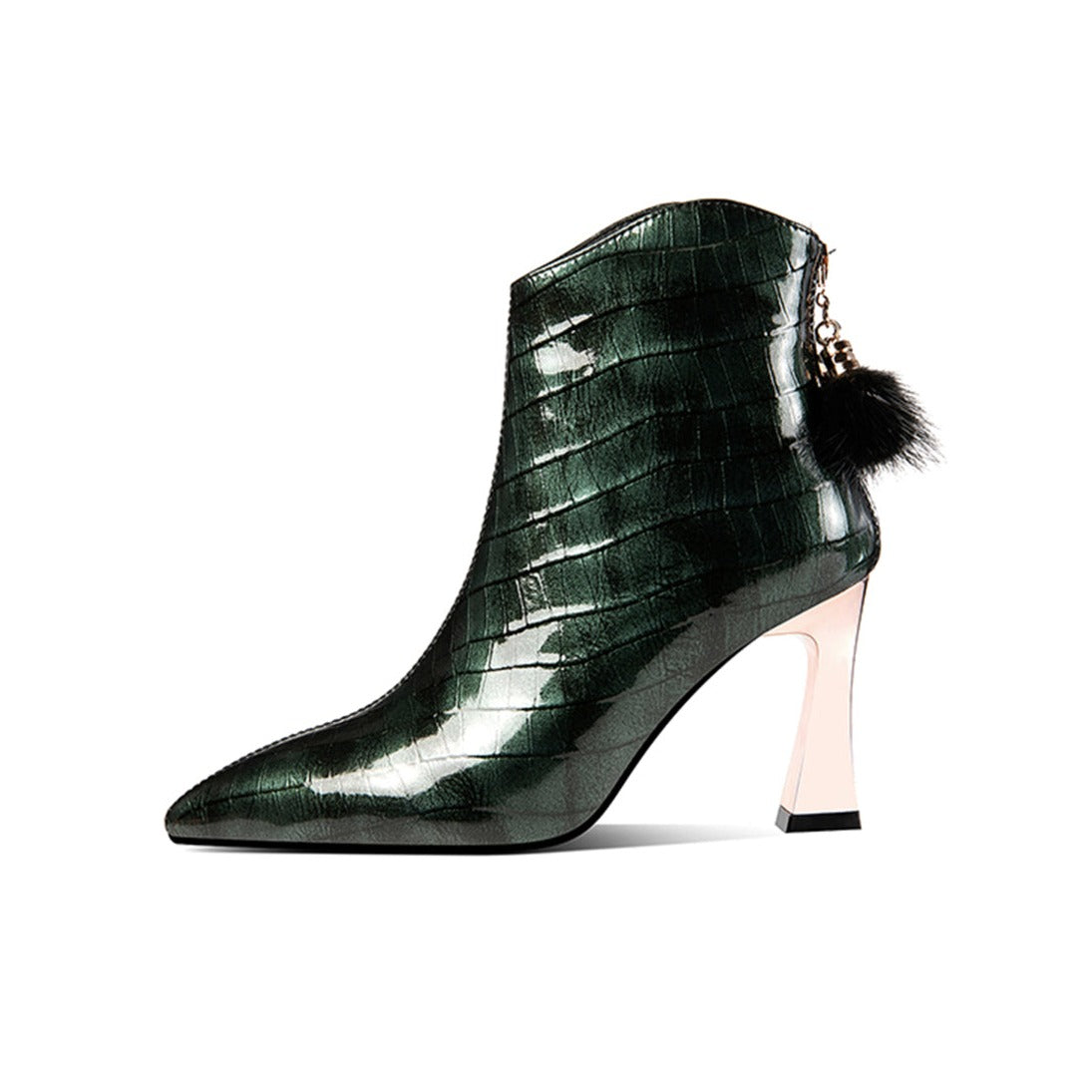 Nine Seven Patent Leather Women's Handmade Pointed Toe High Heel Back Zip Up Fur Pendant Ankle Booties