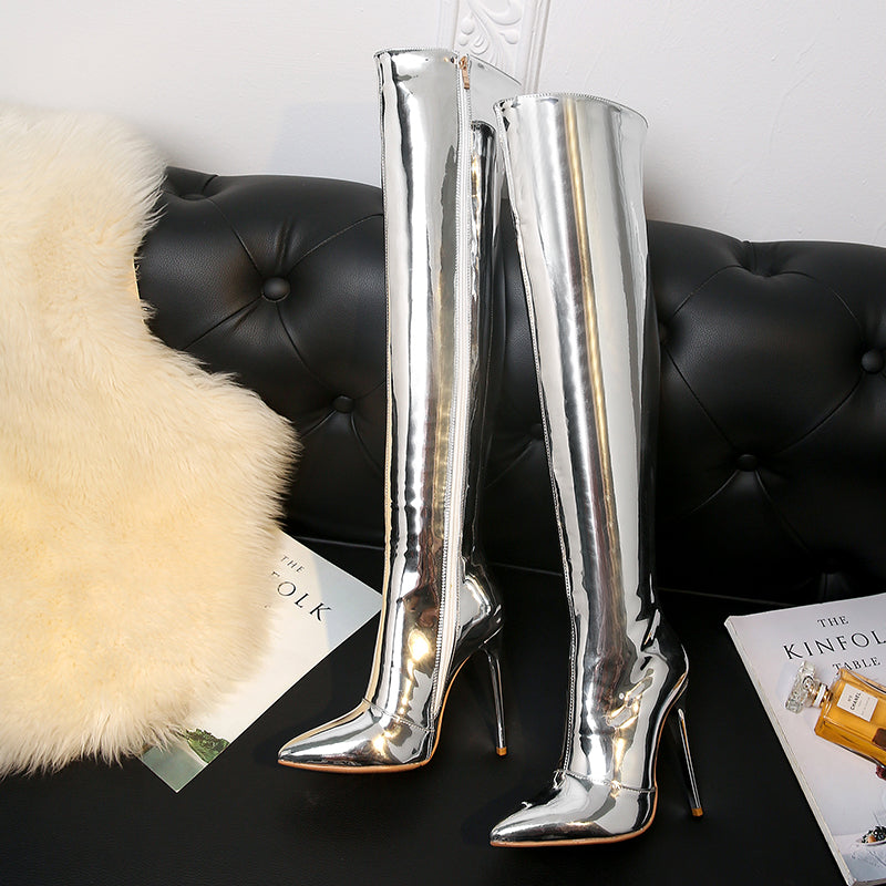 Nine Seven Patent Leather Pointed Toe Stiletto Heel Plus-size Customized Circumference Over The Knee High Boots