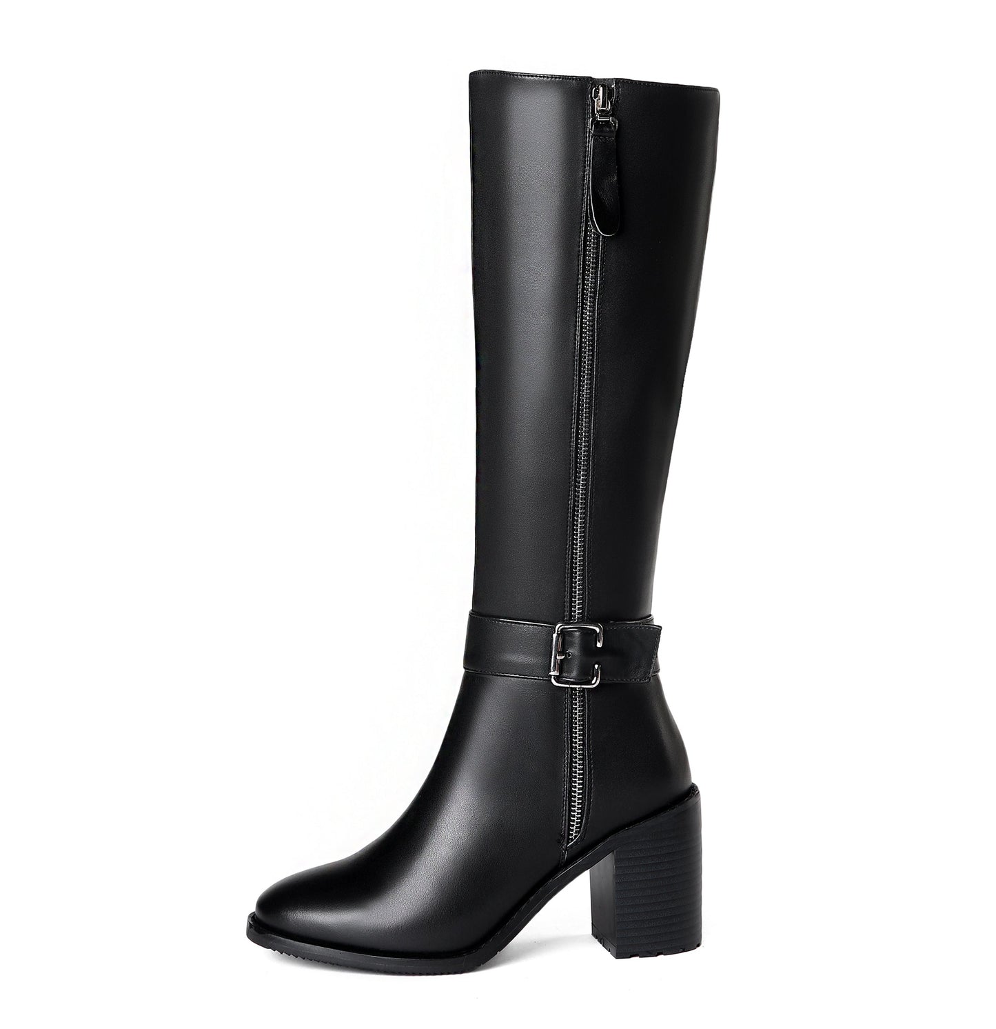 Nine Seven Women's Genuine Leather Round Toe Handmade Buckled Dual Zippers High Chunky Heels Stylish Knee High Boots
