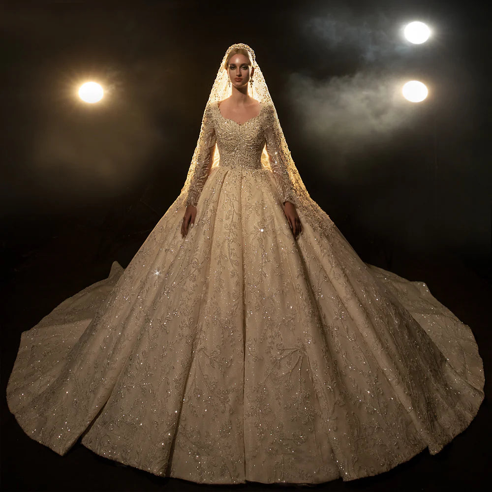 Nine Seven Long Sleeves  Sparkly Sequin Lace Appliques Square Neck Bridal Ball Grown Wedding Dress Customization