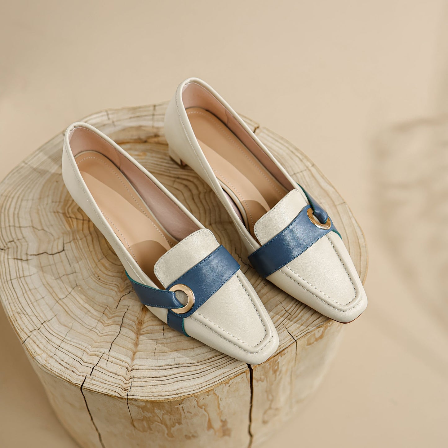 Nine Seven Women's Square Toe Genuine Leather Handmade Low Heels Slip On Casual Pumps Shoes