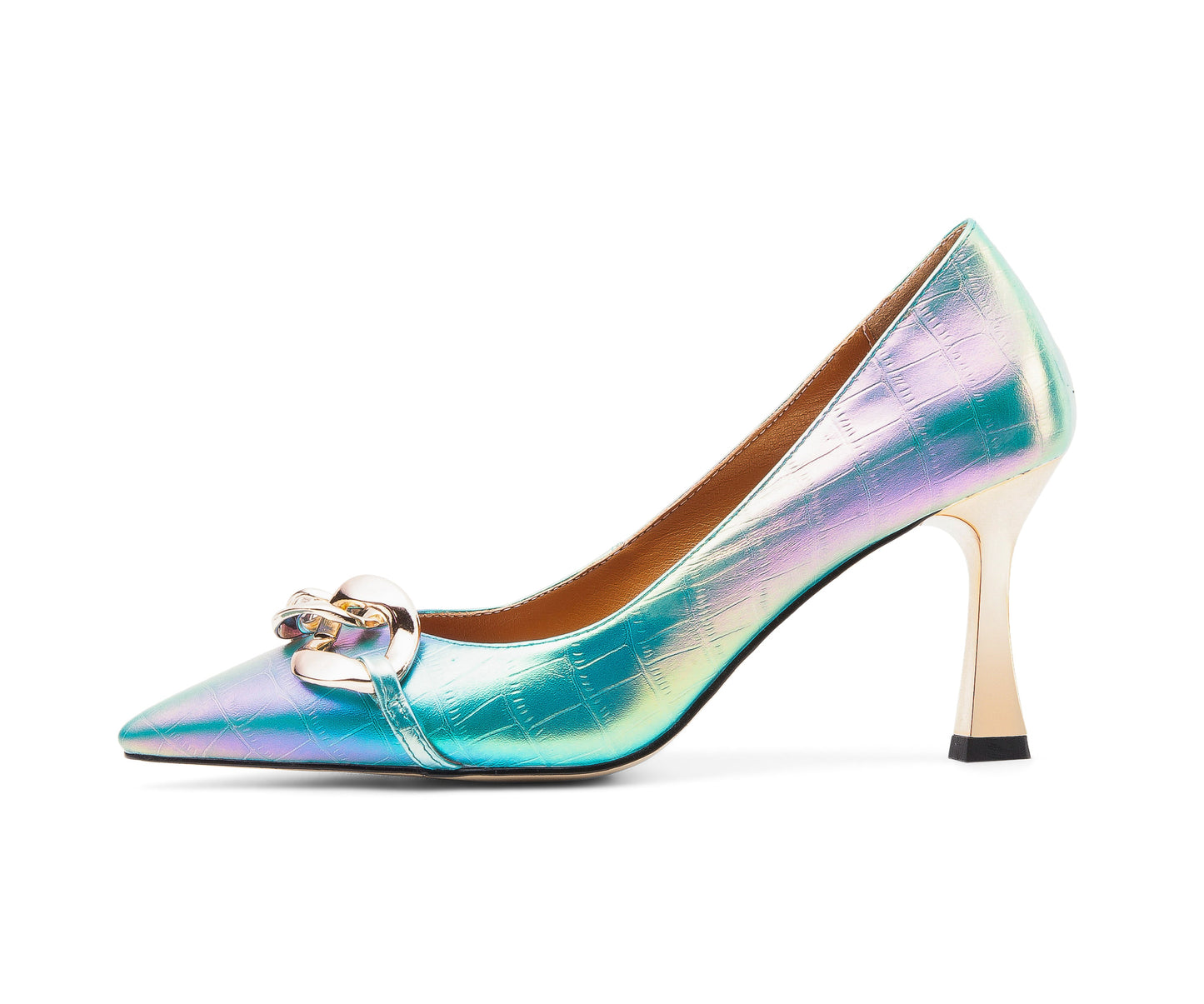 Nine Seven Women's Genuine Leather Handmade Pointed Toe Sexy Mental High Kitten Heel Slip On Loafer Pumps with Mental Pattern Decor