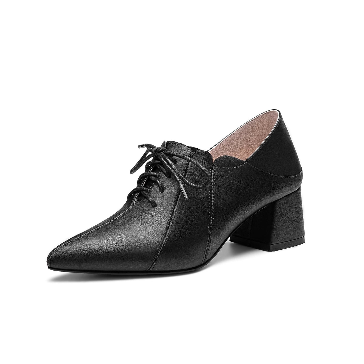 Nine Seven Women's Genuine Leather Handmade Comfortable Mid Block Heel Pointed Toe Graceful Lace Up Pump Shoes