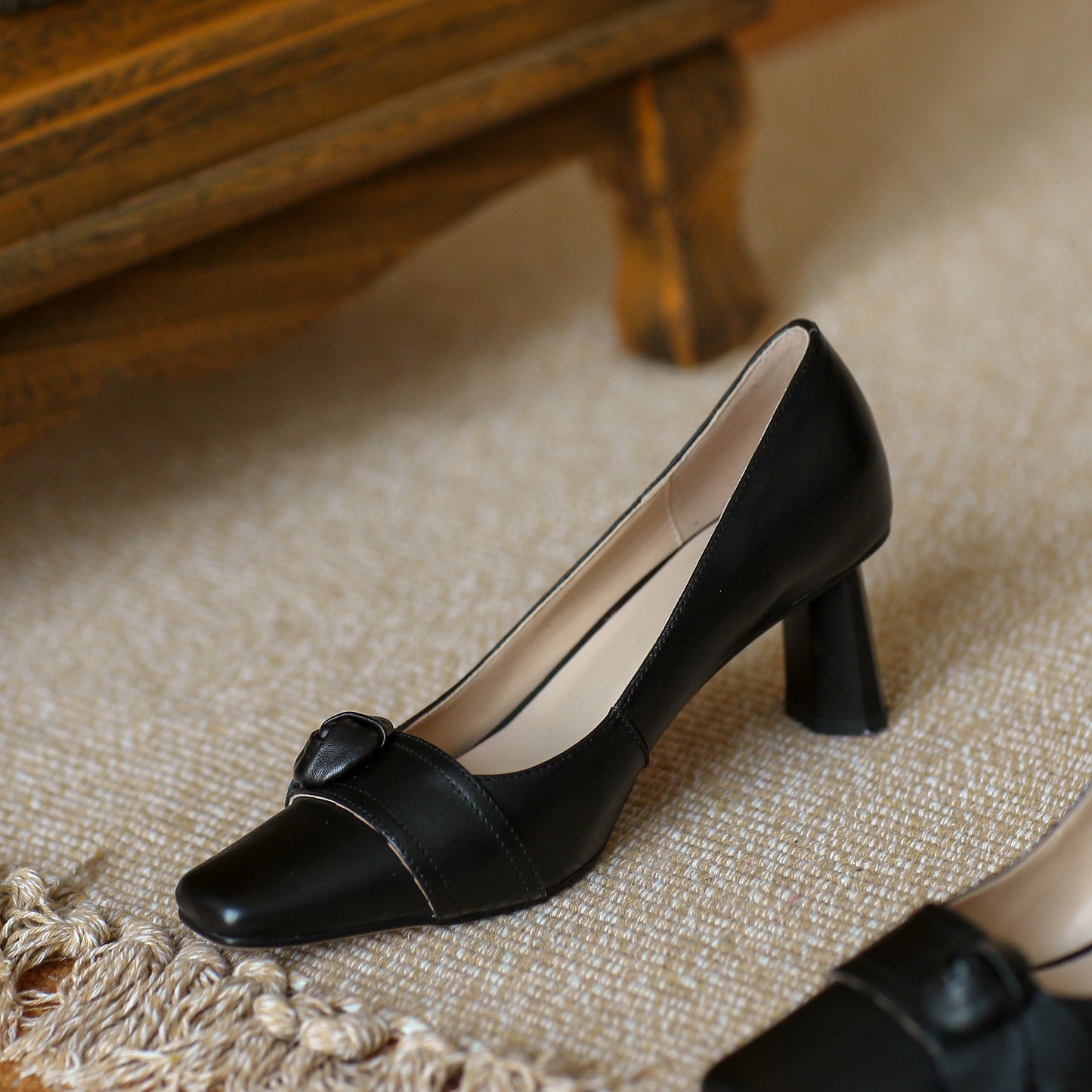 Nine Seven Women's Handmade Genuine Leather Square Toe Mid Chunky Heel Slip On Elegant Pump Shoes with Floral Pattern