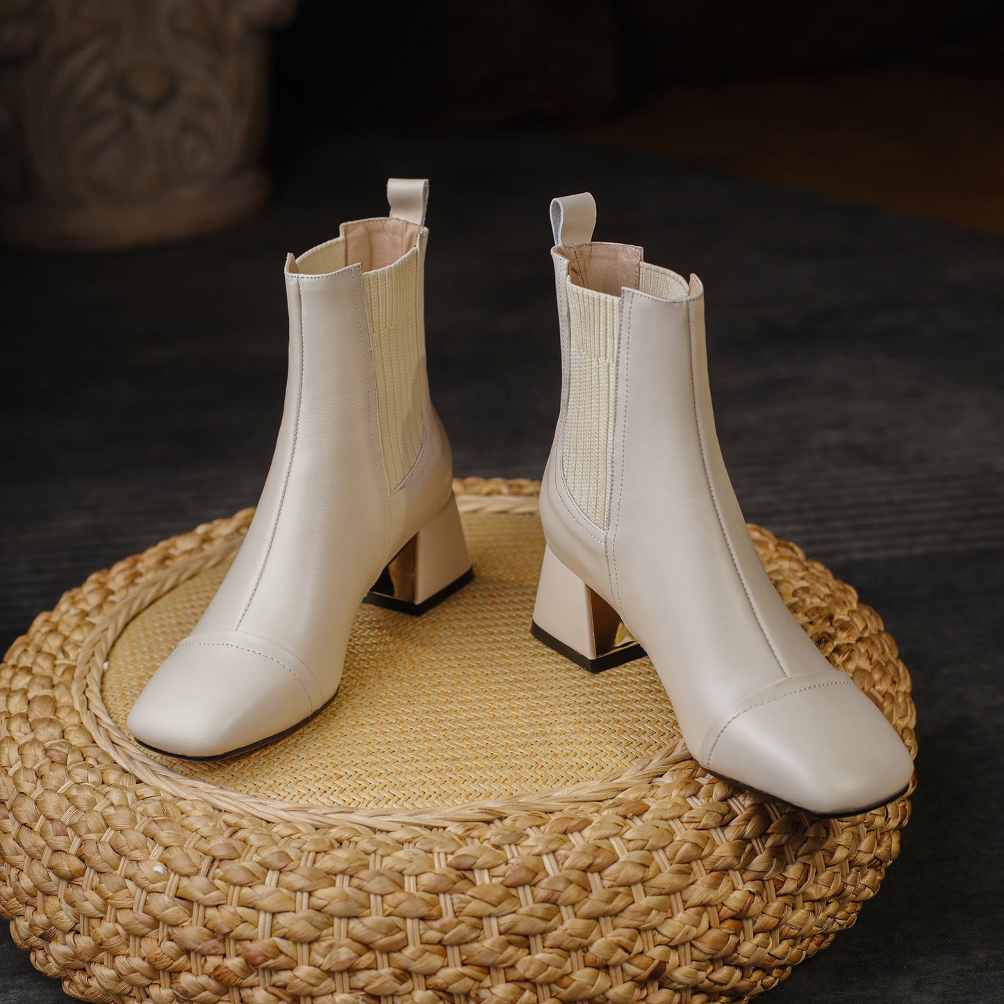 Nine Seven Women's Handmade Genuine Leather Stretch Slip On Square Toe Chunky Heel Ankle Boots