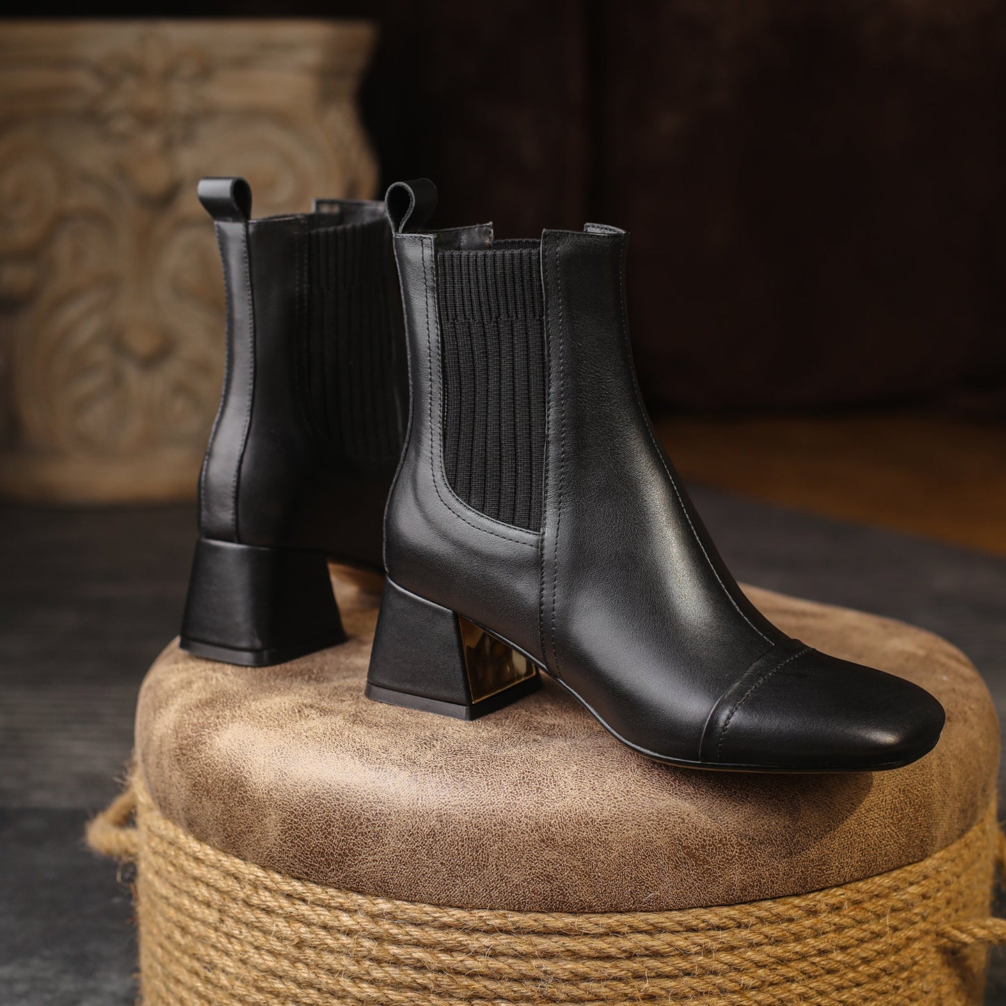 Nine Seven Women's Handmade Genuine Leather Stretch Slip On Square Toe Chunky Heel Ankle Boots