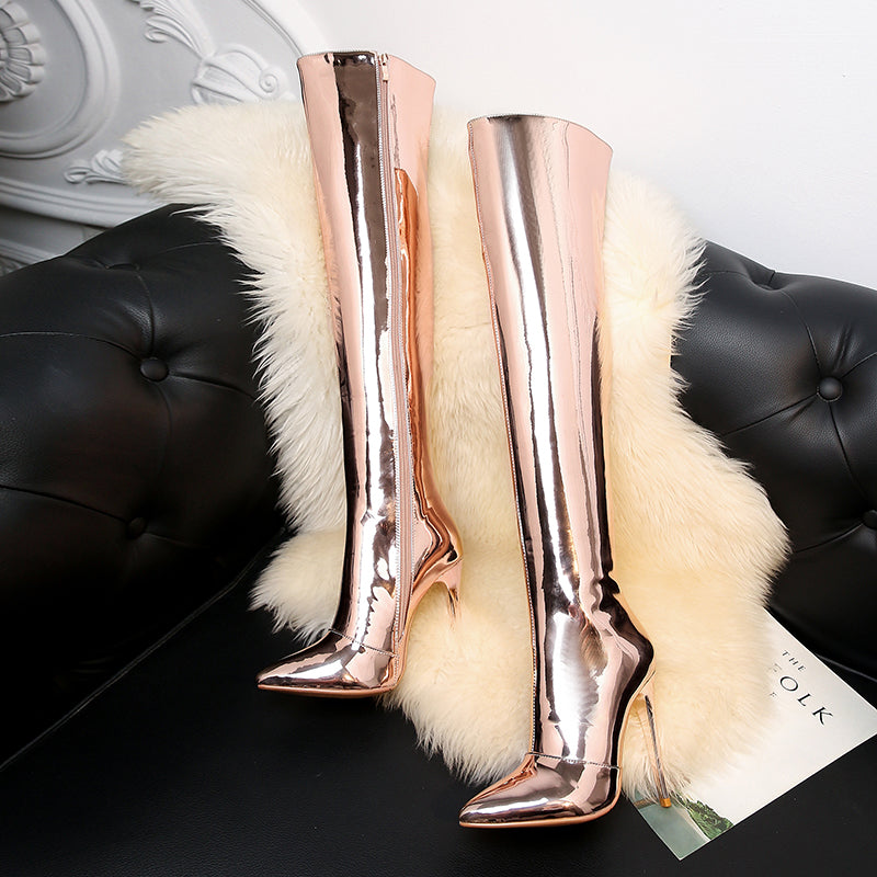 Nine Seven Patent Leather Pointed Toe Stiletto Heel Plus-size Customized Circumference Over The Knee High Boots