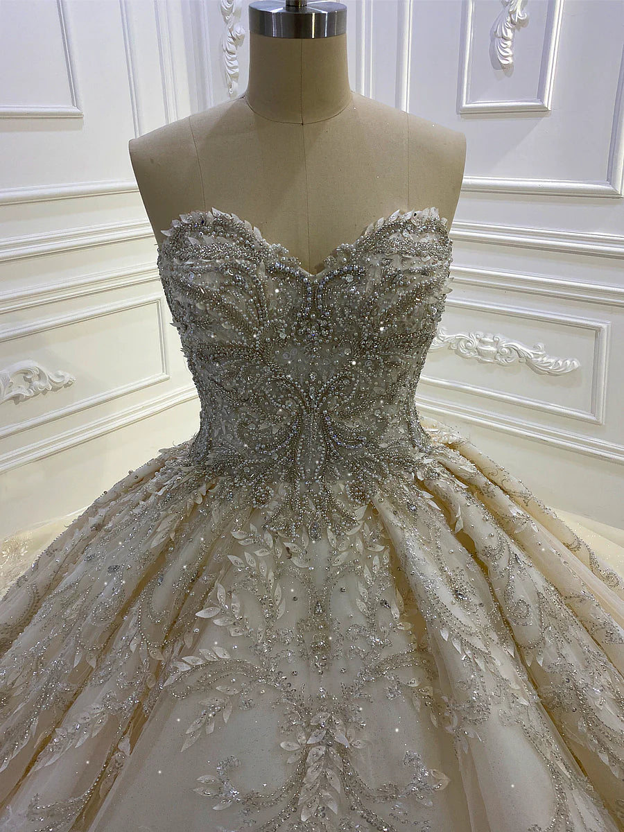 Nine Seven Lace Appliqued Strapless Court Train Ball Grown Sleeveless Wedding Dress Customization
