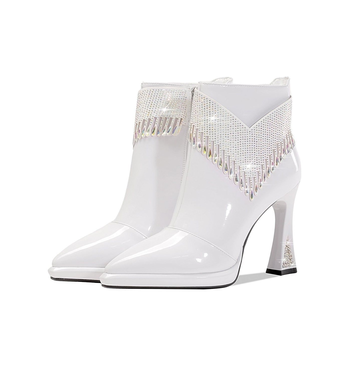 Nine Seven Women's Pointed Toe Patent Leather Handmade Rhinestones Decor Zip Up High Heels Ankle Boots